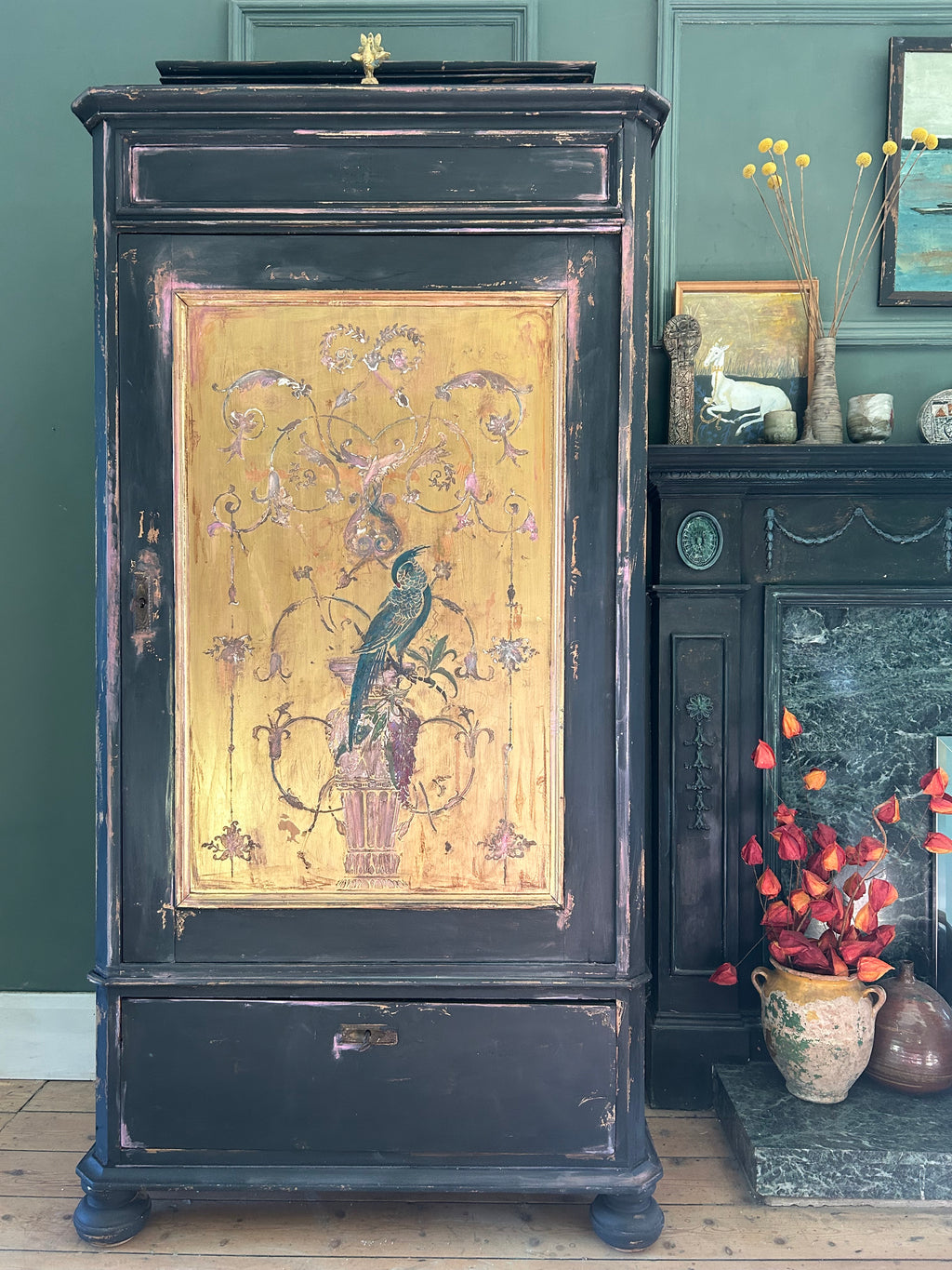 Vintage Painted Hall Cupboard/ Armoire with Chinoiserie Panel