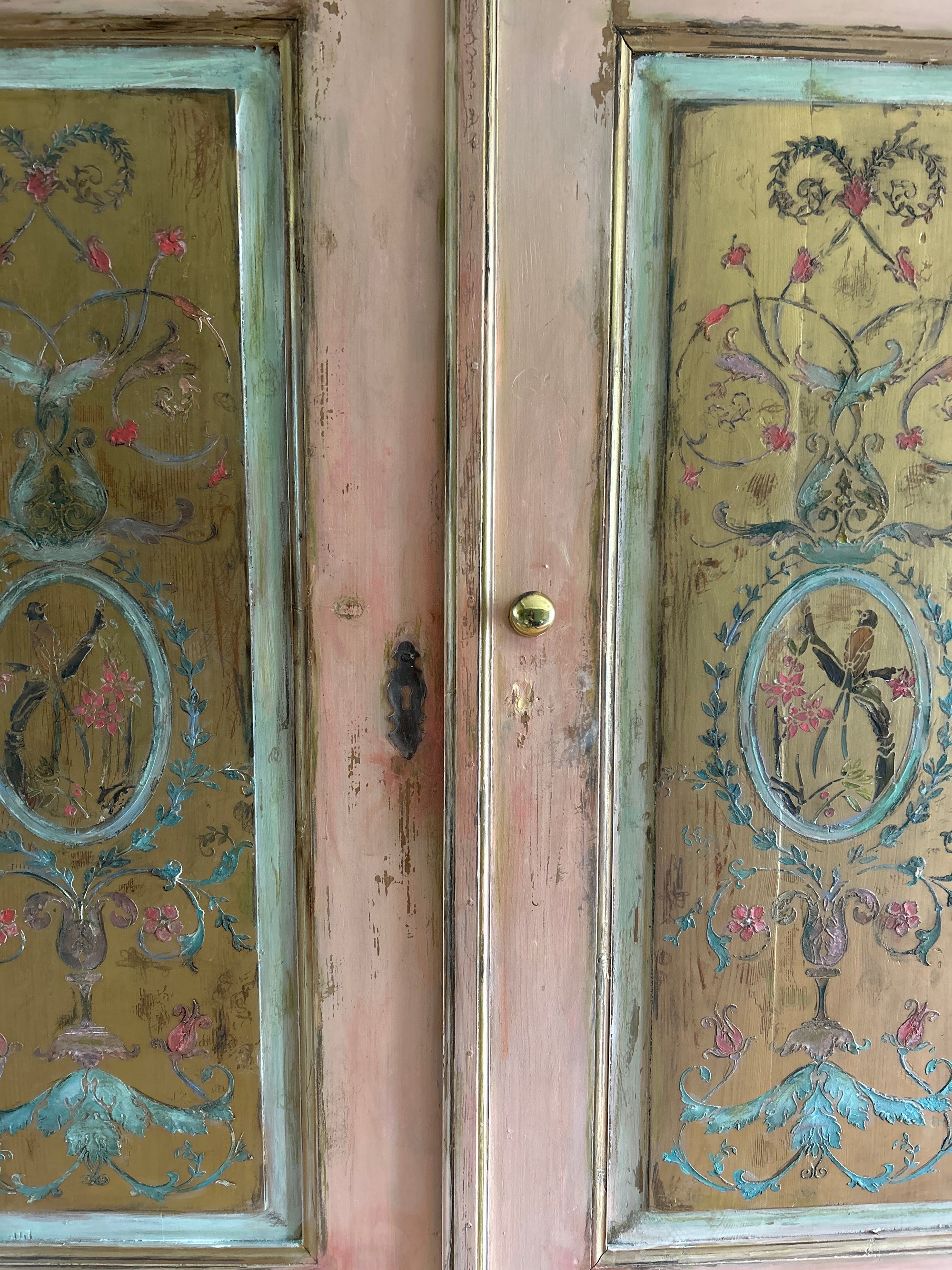 Vintage Painted Pine Large Double Wardrobe with Inlaid Chinoiserie Reserved