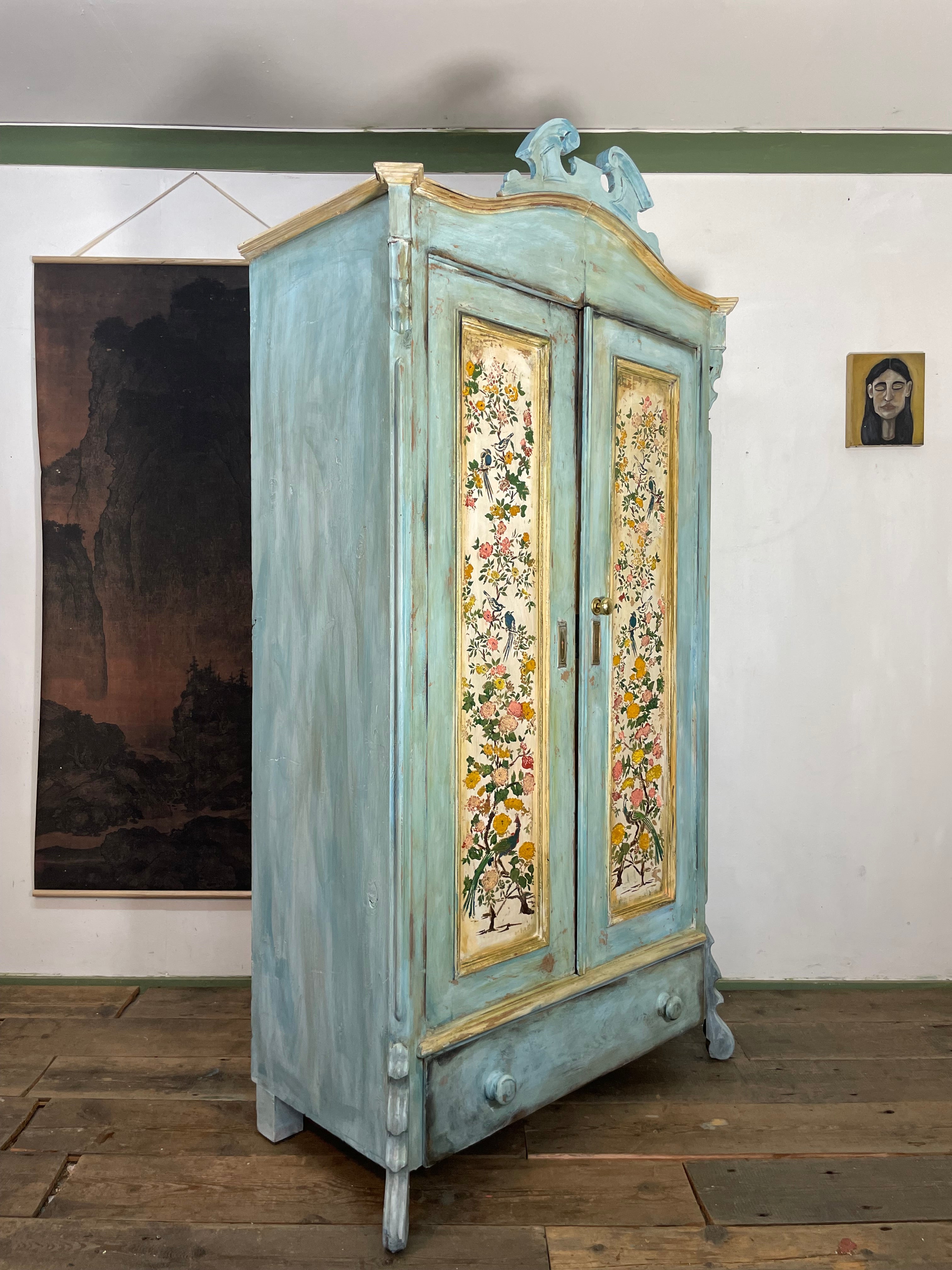 Vintage French Painted Pine Armoire with Chinoiserie Panels