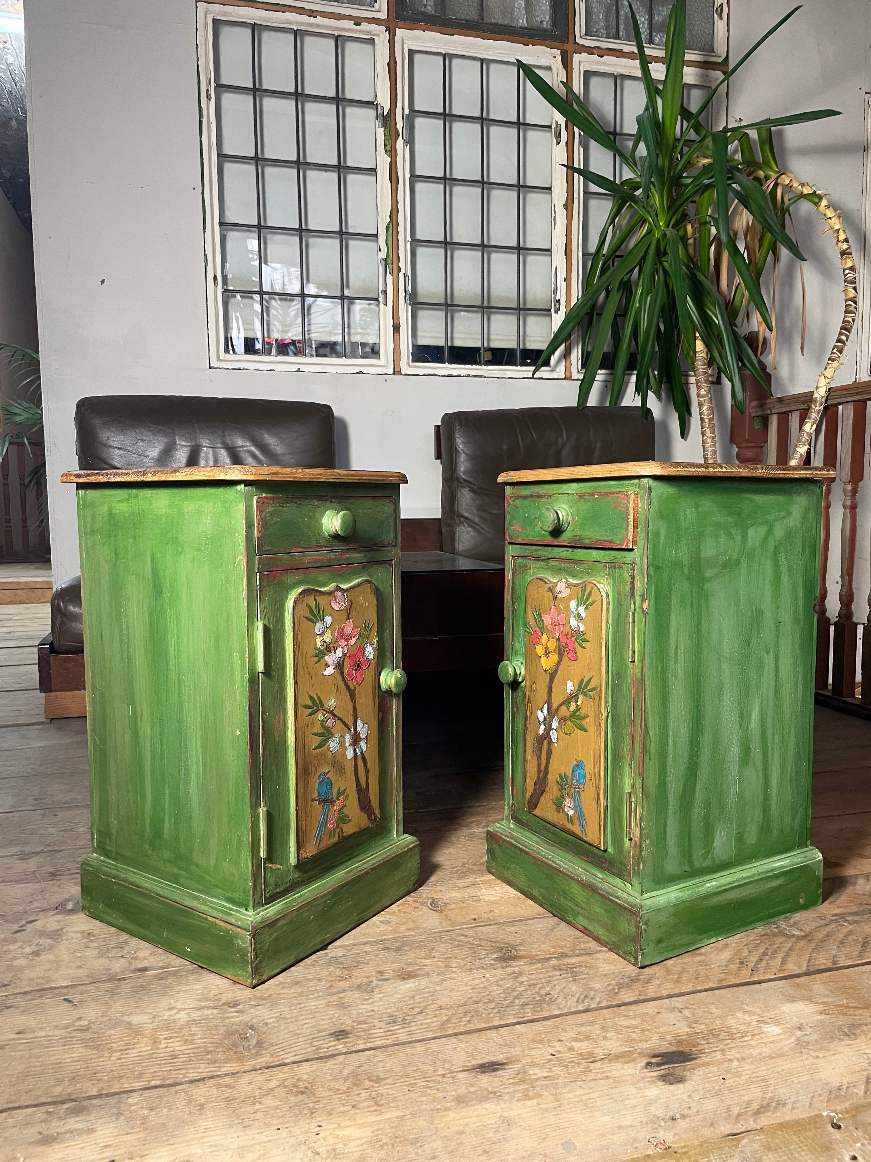 Vintage Painted Pine Bedside Tables with inlaid Chinoiserie