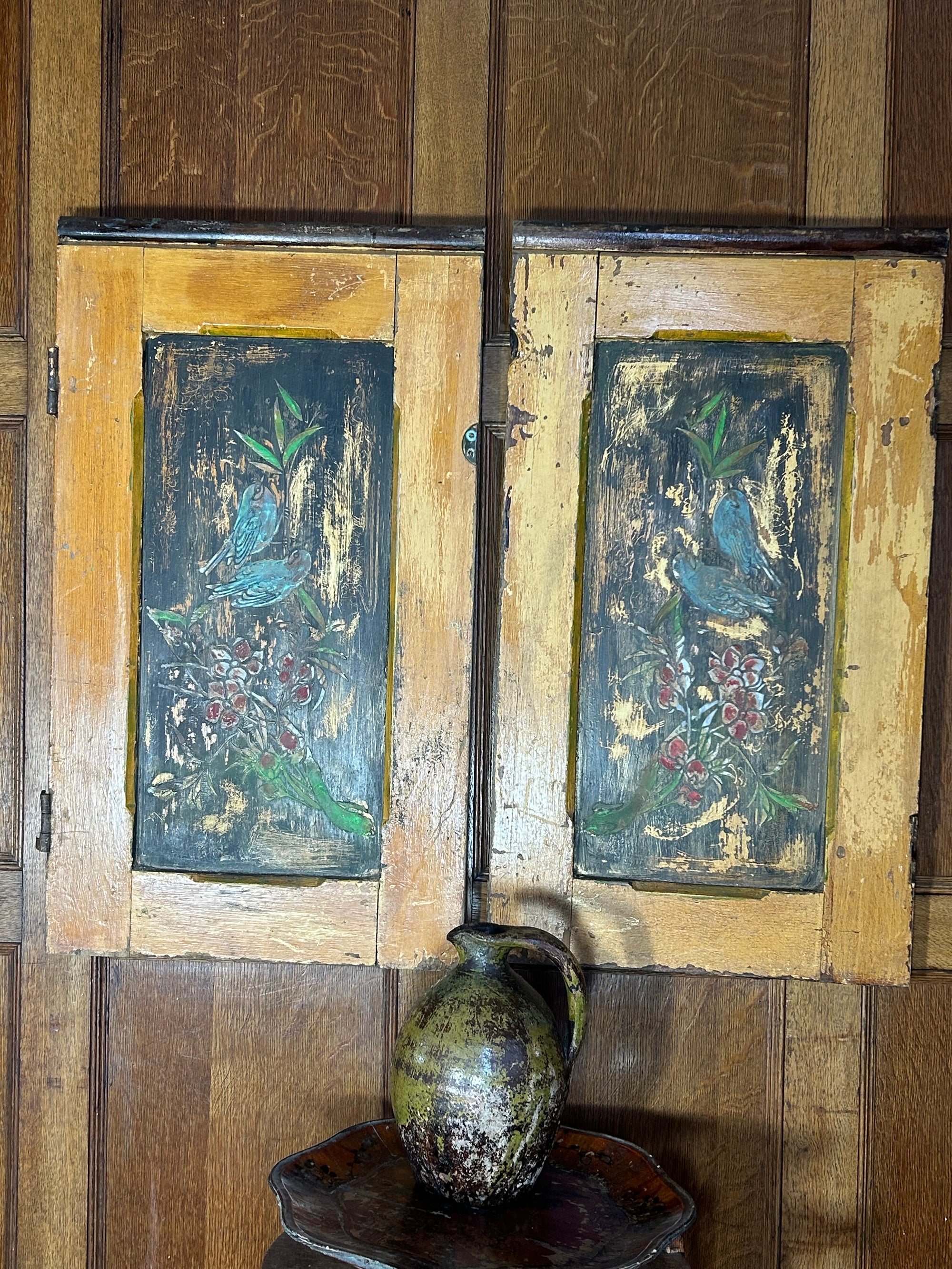 Pair of Reclaimed Door Wallhangings with Inlaid Bird Design