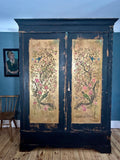 Vintage Painted Pine Double Wardrobe with Inlaid Chinoiserie