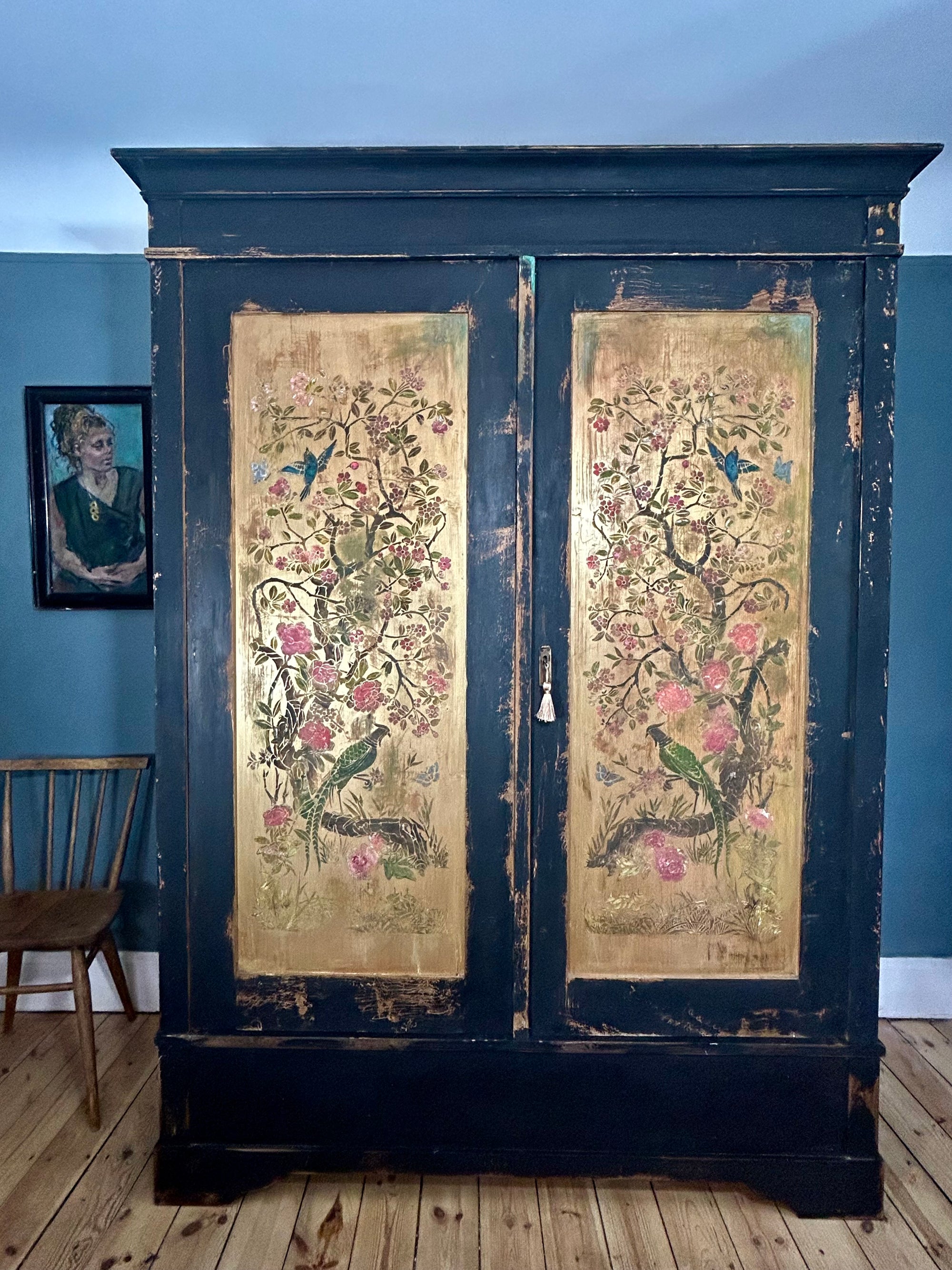 Vintage Painted Pine Double Wardrobe with Inlaid Chinoiserie