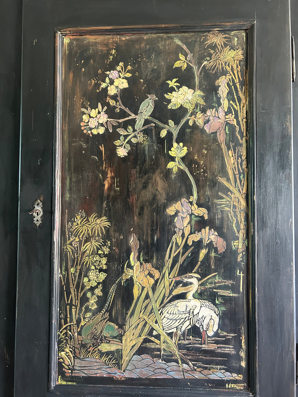 Vintage Painted Pine Armoire with Chinoiserie Panels