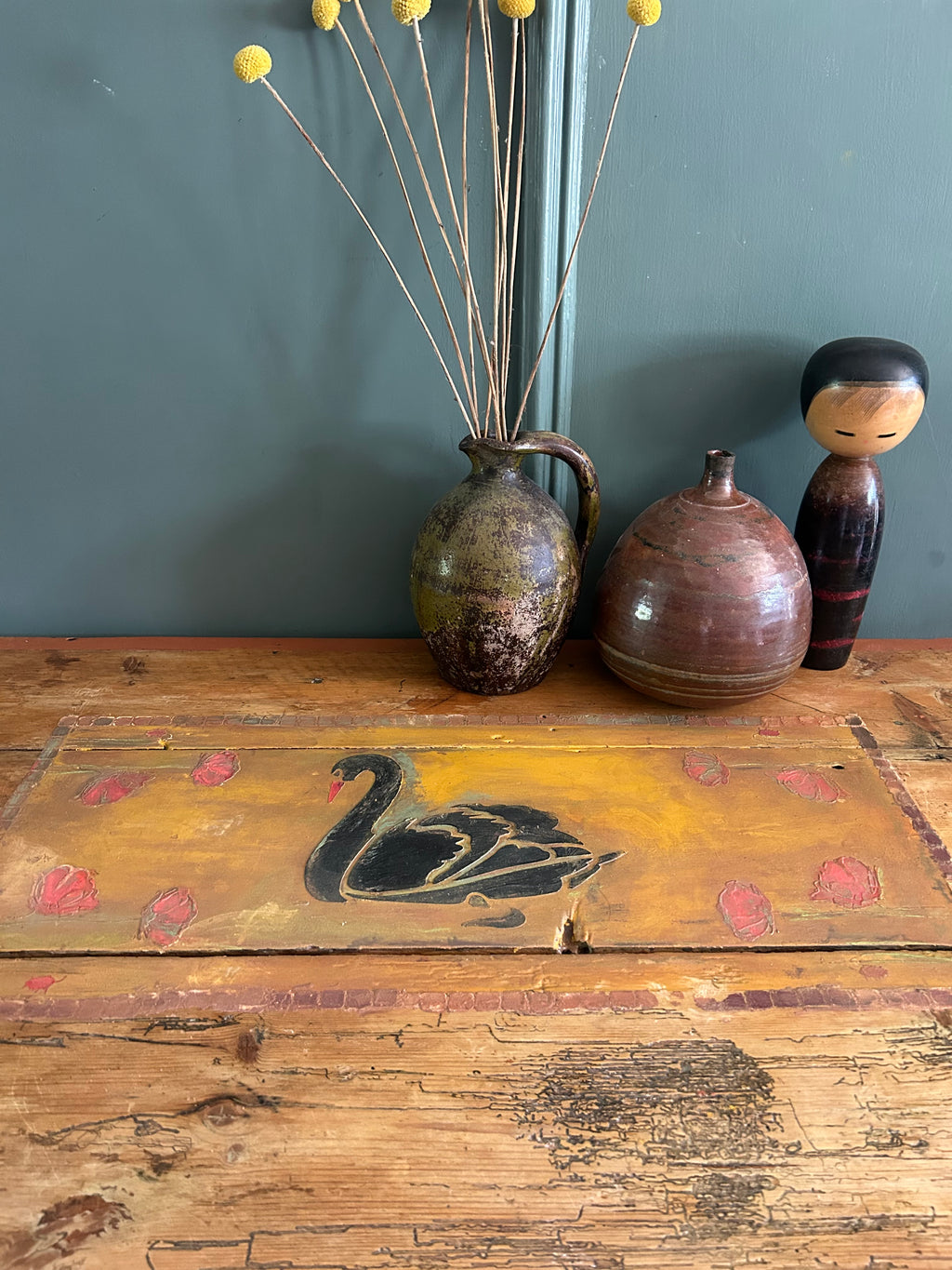 Vintage Pine console Table with Folk Art Sean Design
