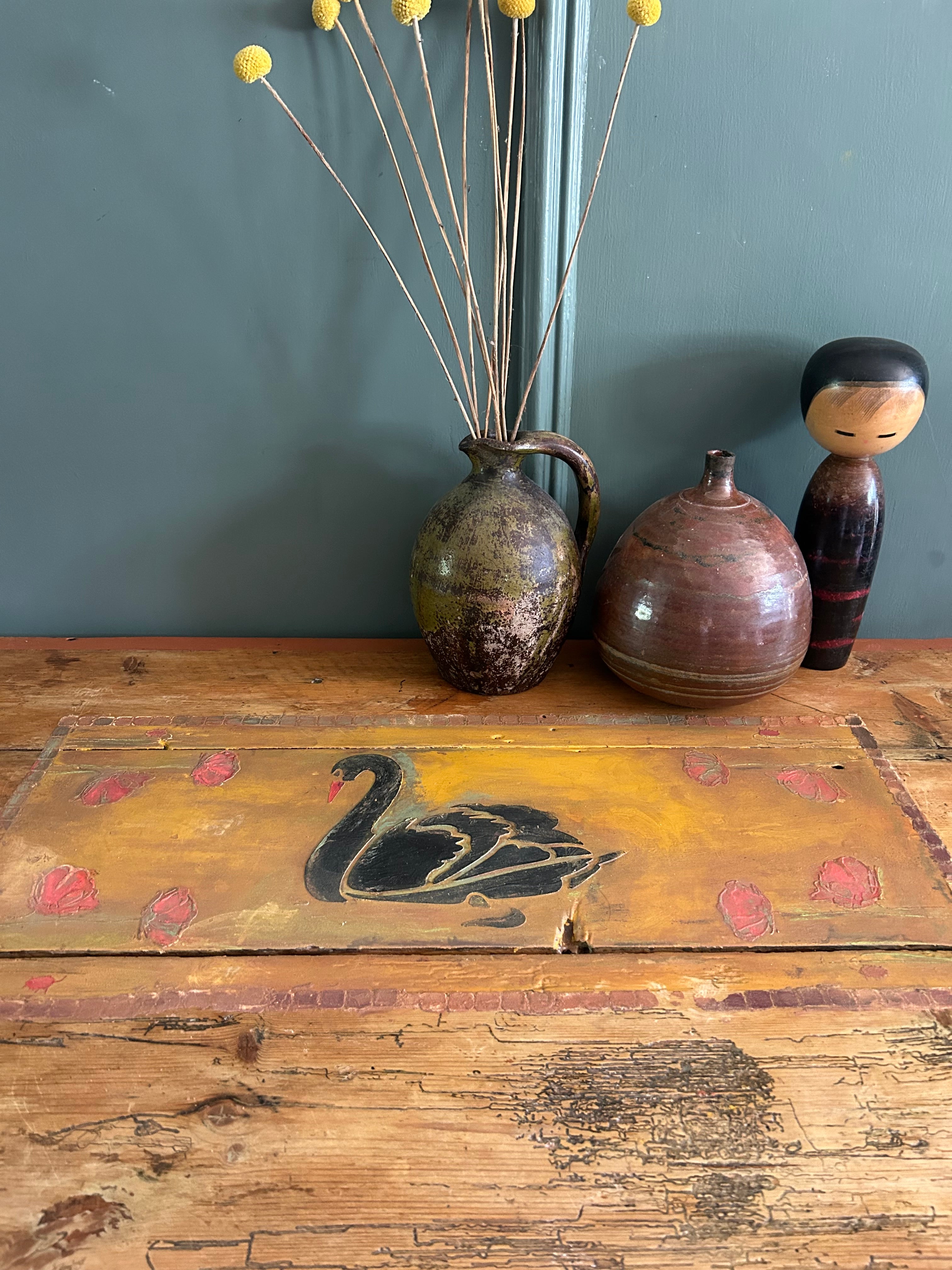 Vintage Pine console Table with Folk Art Sean Design
