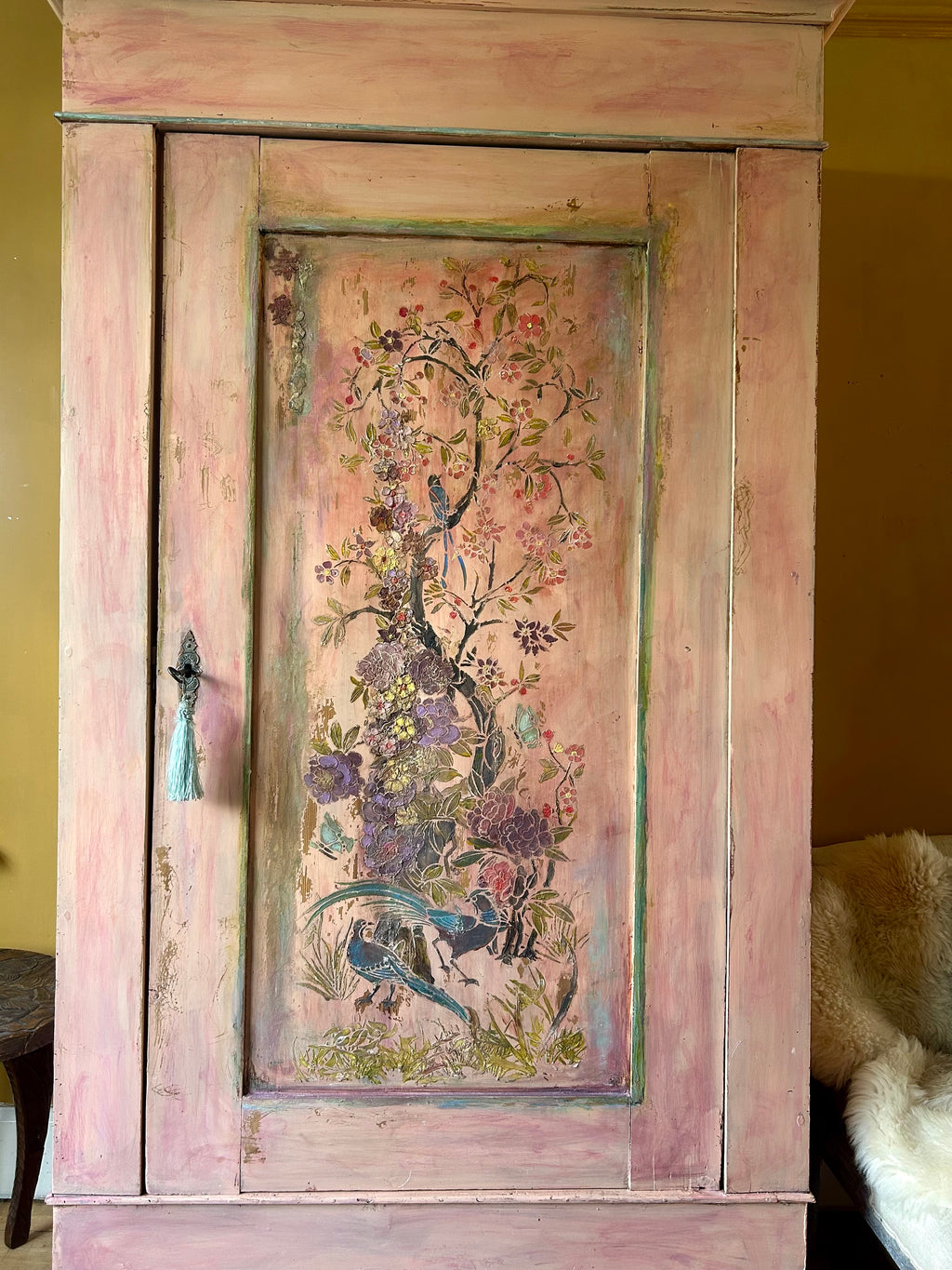 Vintage Painted Cupboard/Armoire with Chinoiserie Panel