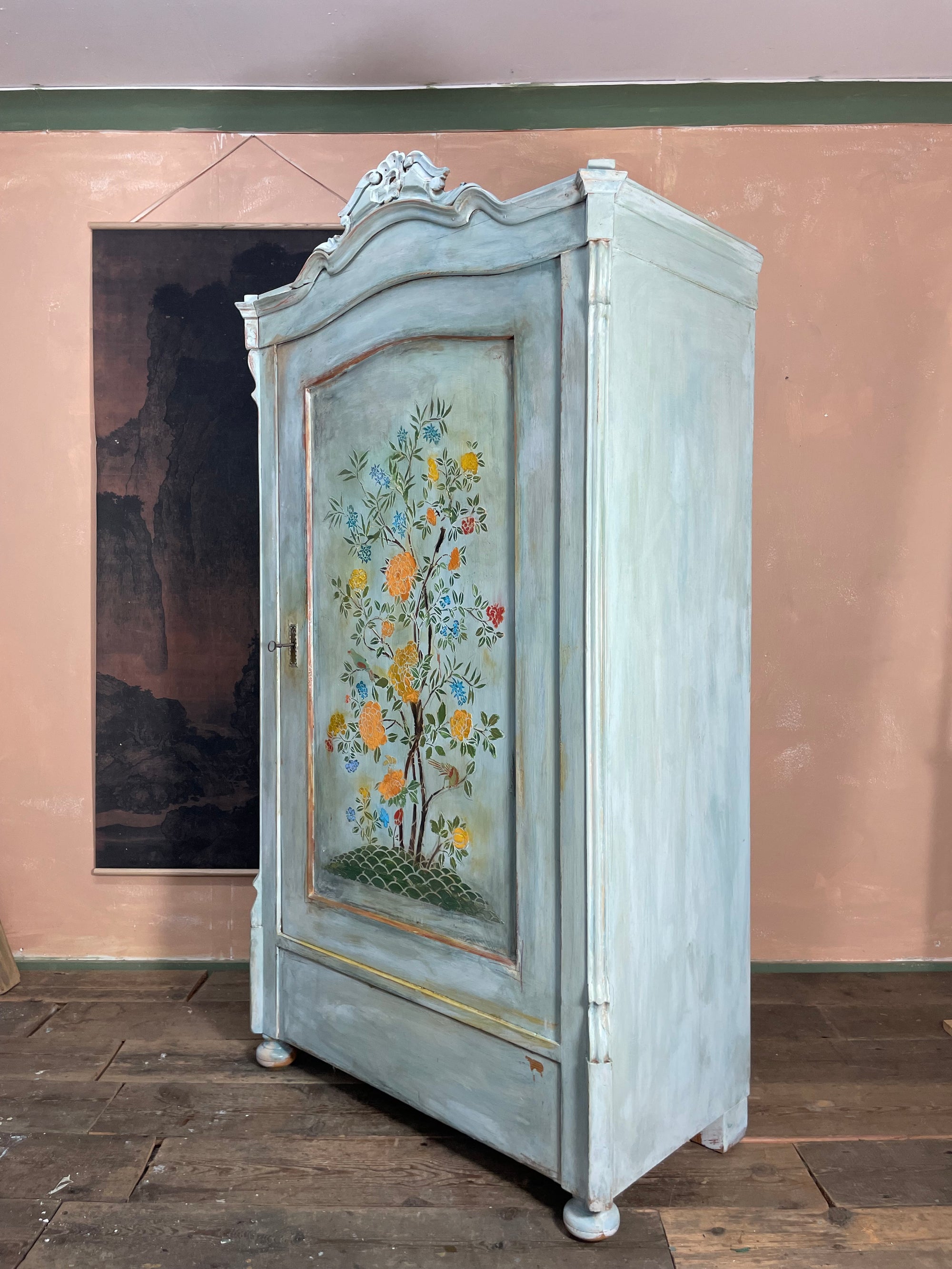 Vintage Painted Pine Wardrobe/ Linen Press with Chinoiserie Panel