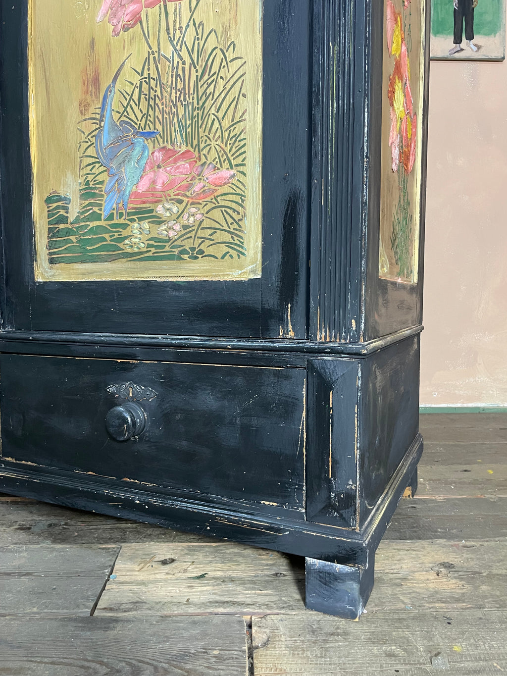 Vintage Painted Pine Knockdown Wardrobe with Inlaid Design