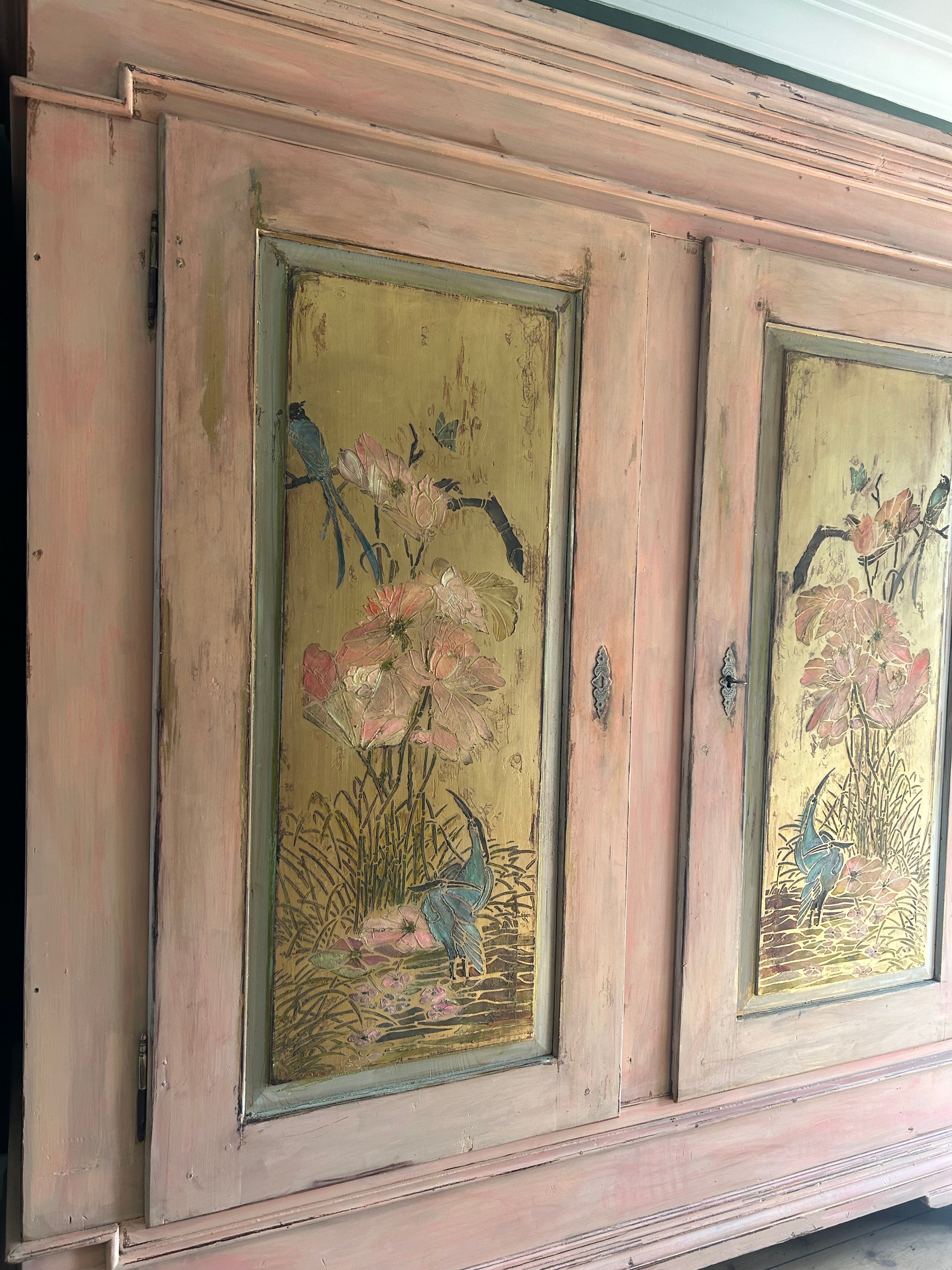 Vintage Painted Pine Large Double Wardrobe with Inlaid Chinoiserie
