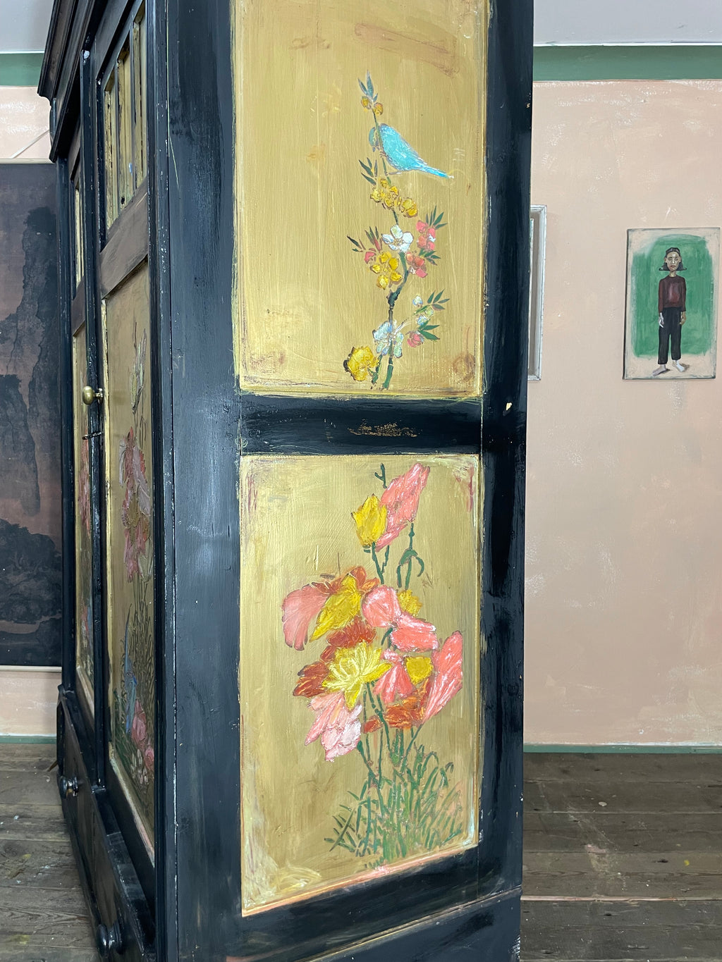 Vintage Painted Pine Knockdown Wardrobe with Inlaid Design