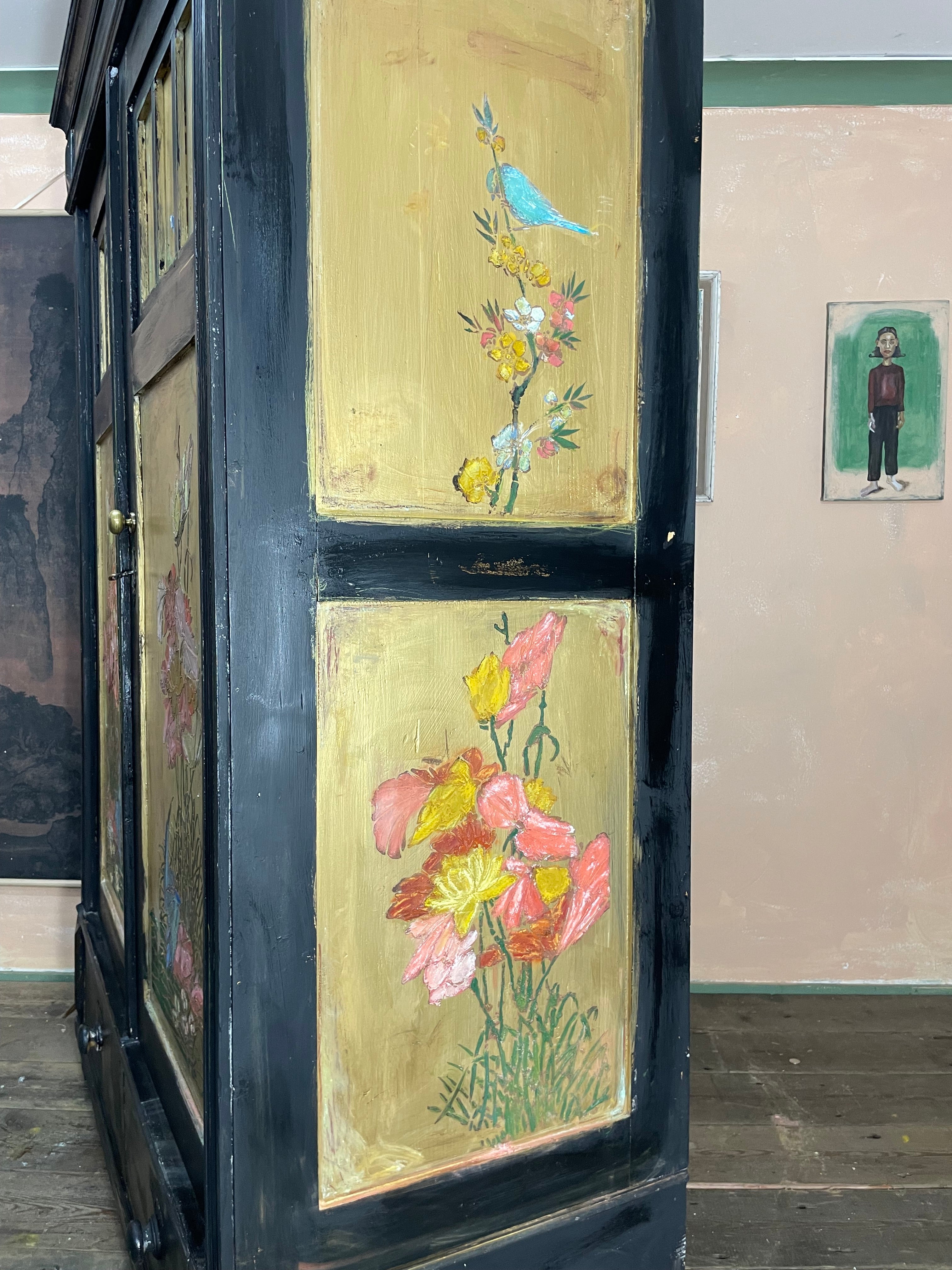 Vintage Painted Pine Knockdown Wardrobe with Inlaid Design