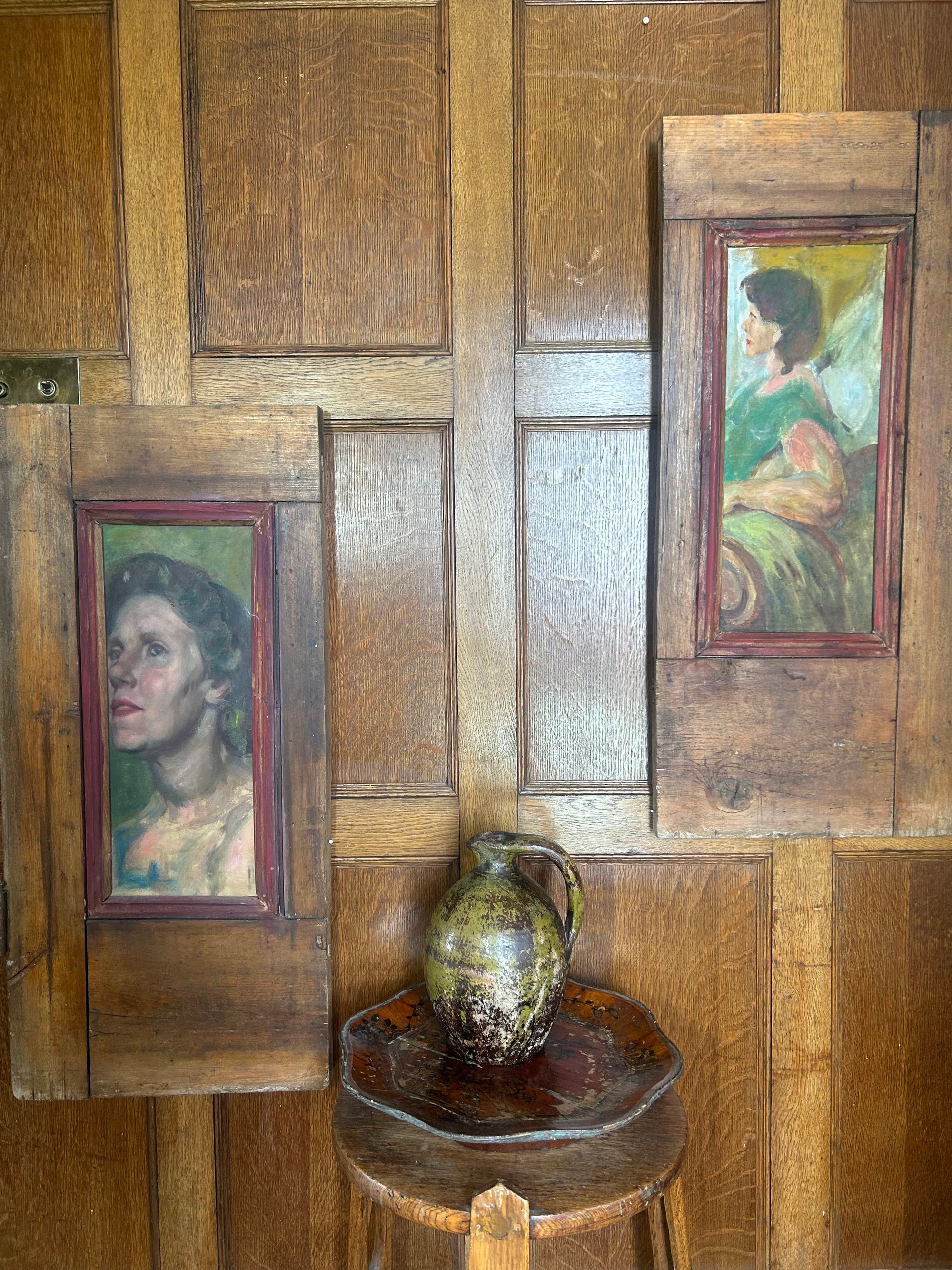 Pair of Reclaimed Door Wallhangings with Vintage Oil Paintings