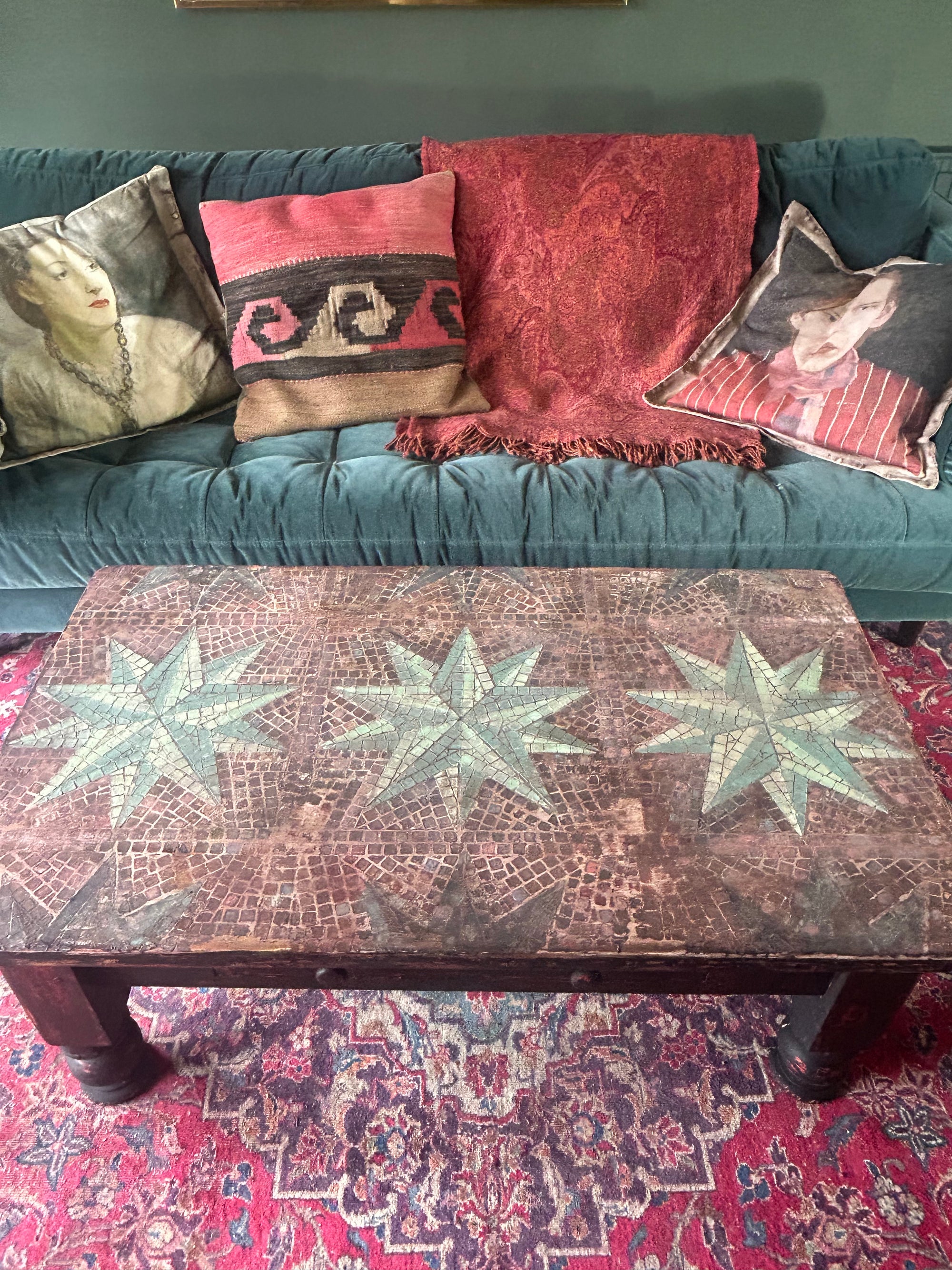 Vintage Painted Pine Coffee Table with Inlaid Star Design