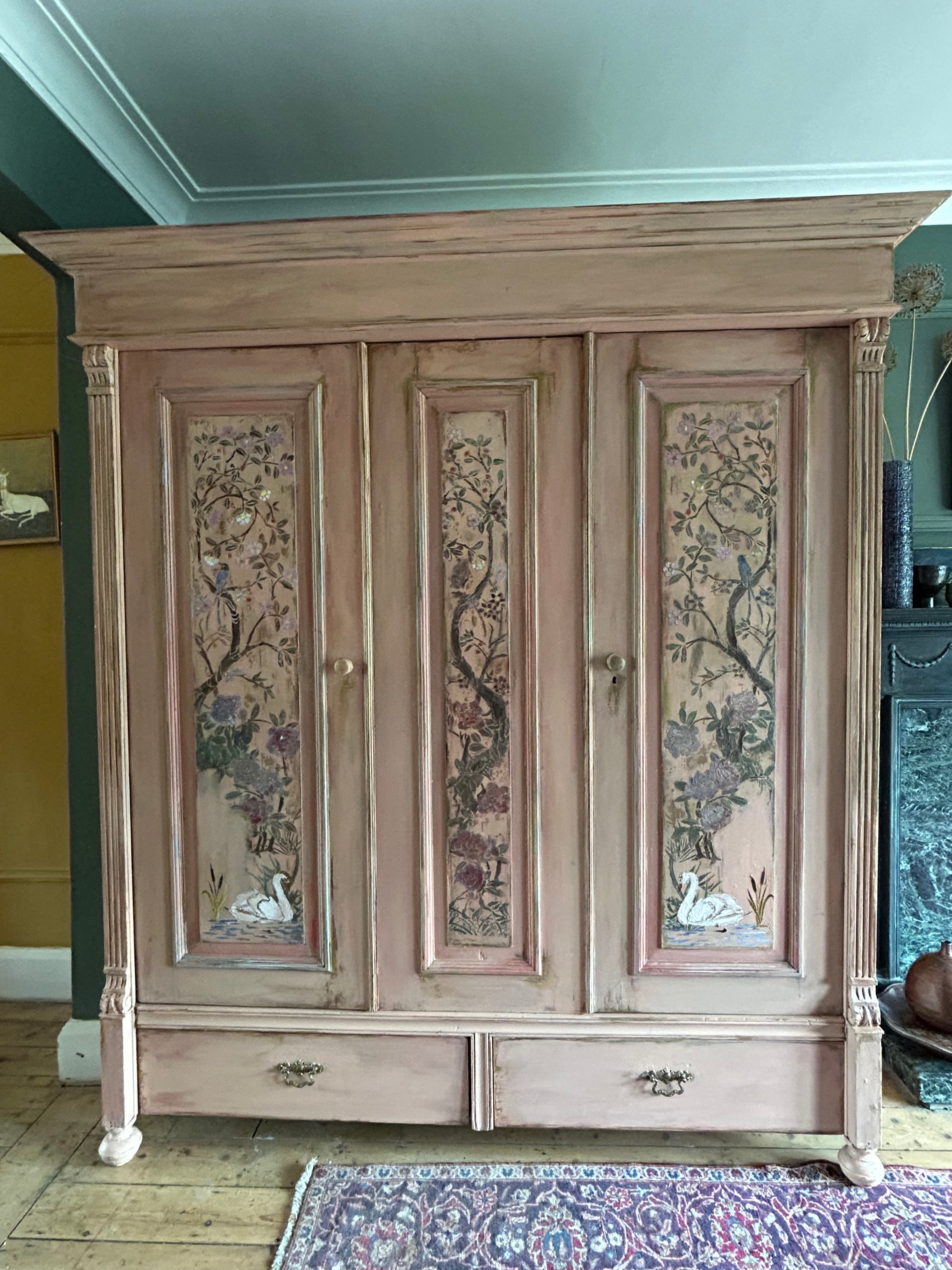 Painted Pine Triple wardrobe with Chinoiserie Panels