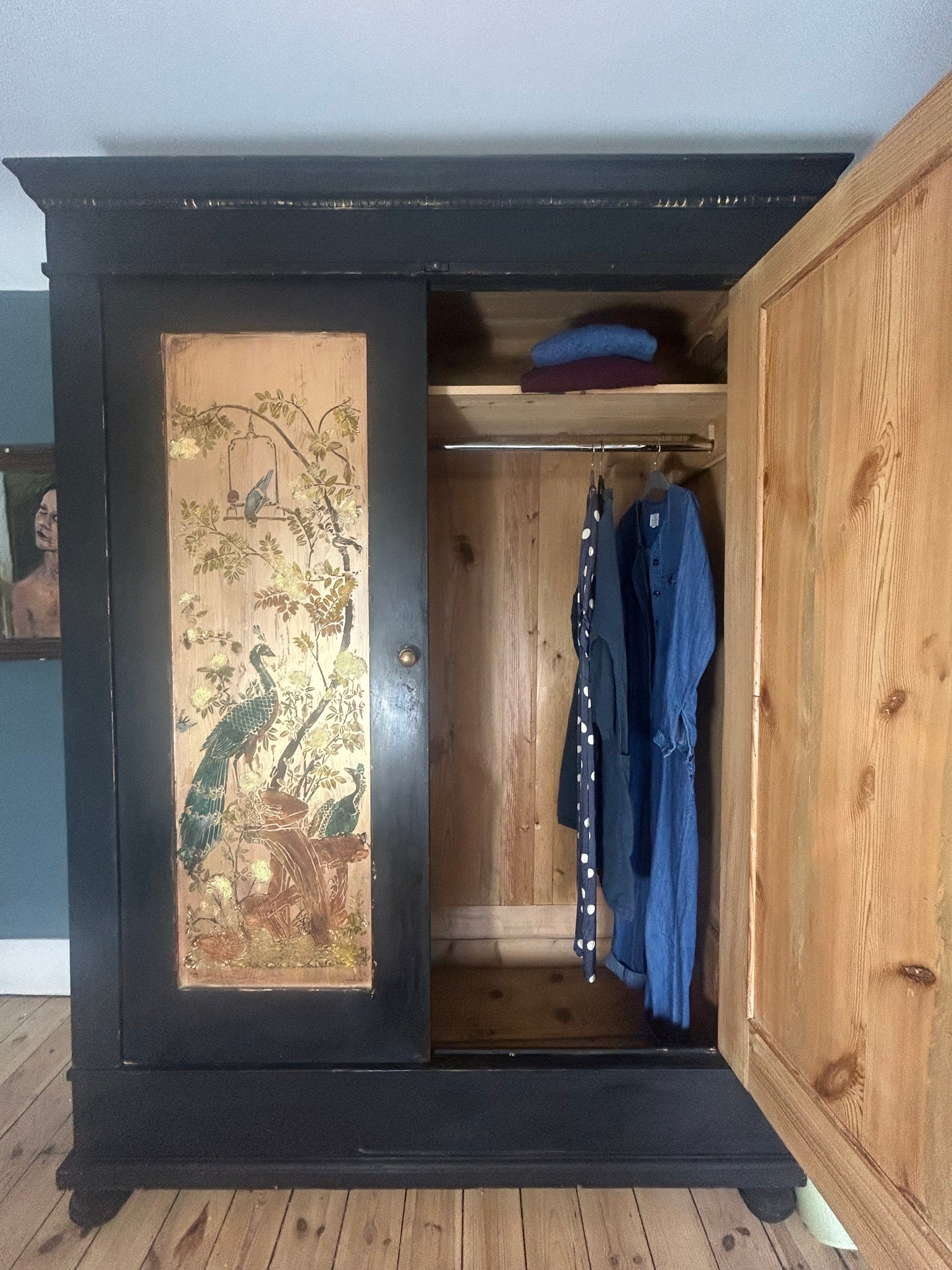 Vintage Painted Pine Double Wardrobe with Inlaid Peacock Chinoiserie