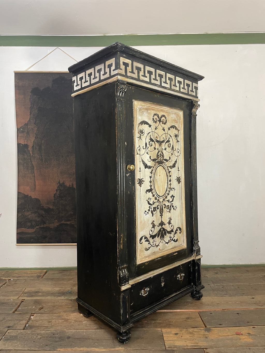 Vintage Painted Pine Wardrobe with Versailles Panel