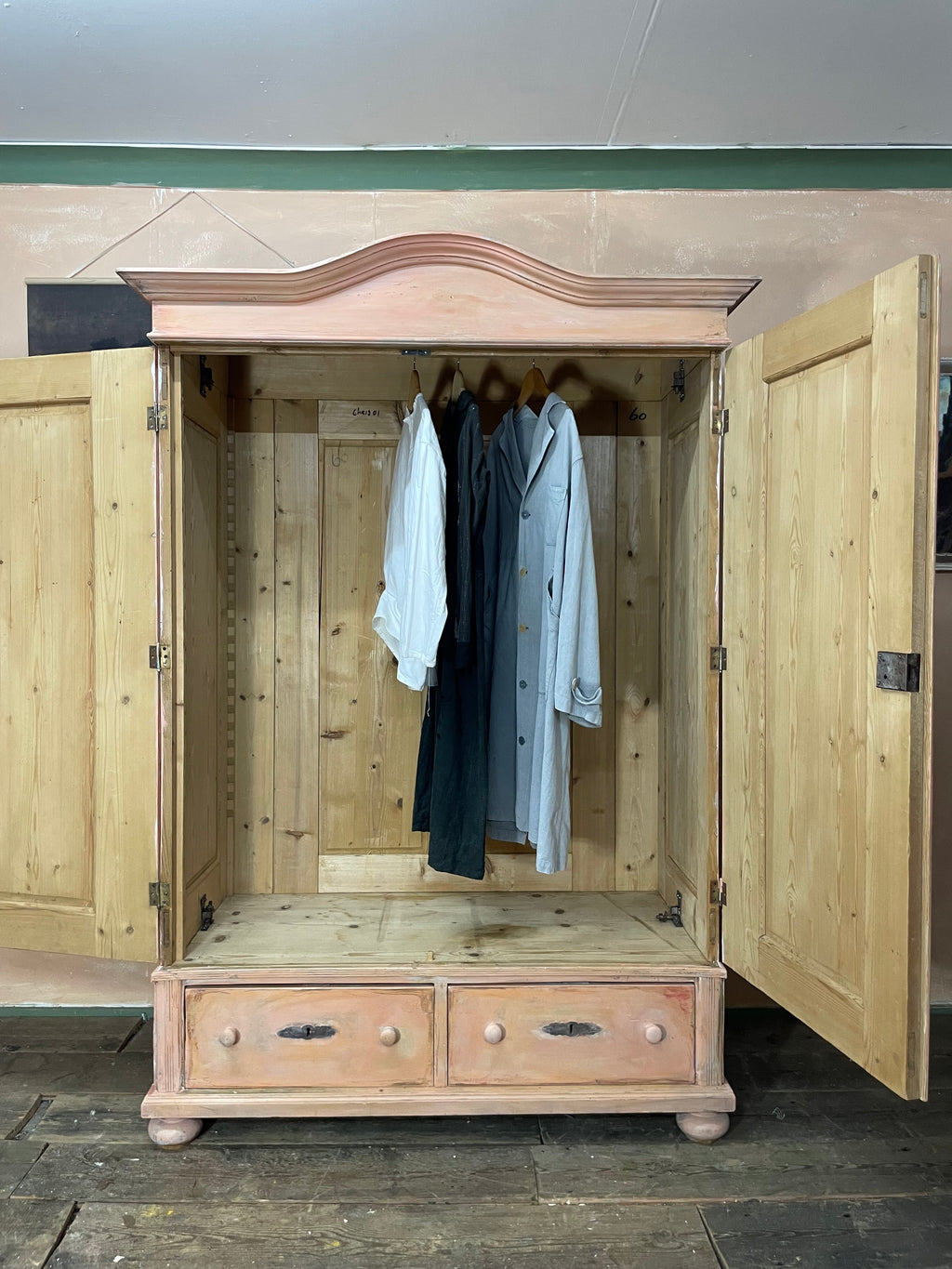 Vintage/ Antique Painted Pine Wardrobe with Inlaid Chinoiserie Panels