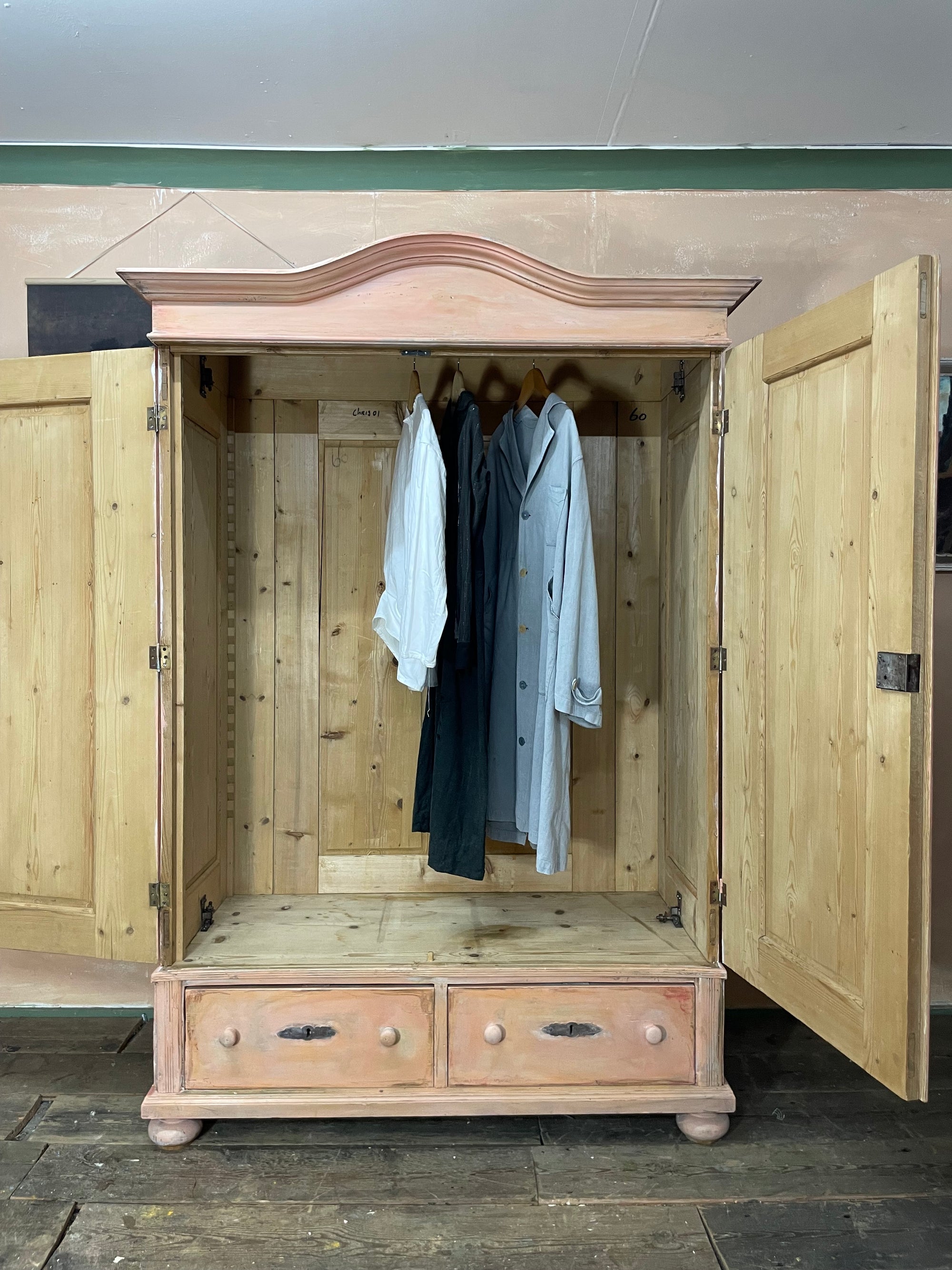 Vintage/ Antique Painted Pine Wardrobe with Inlaid Chinoiserie Panels