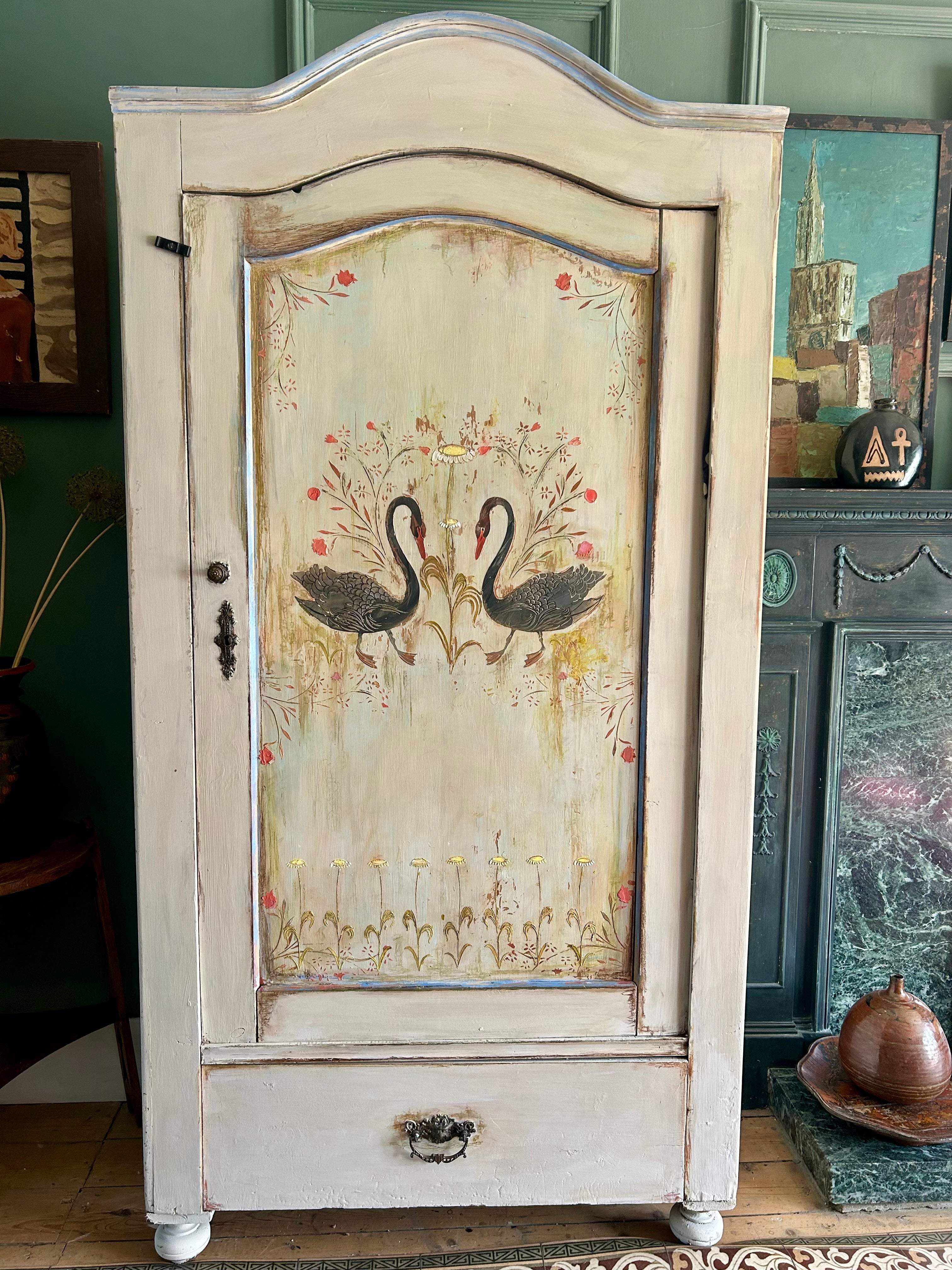 Vintage Painted Pine Folk Art Wardrobe