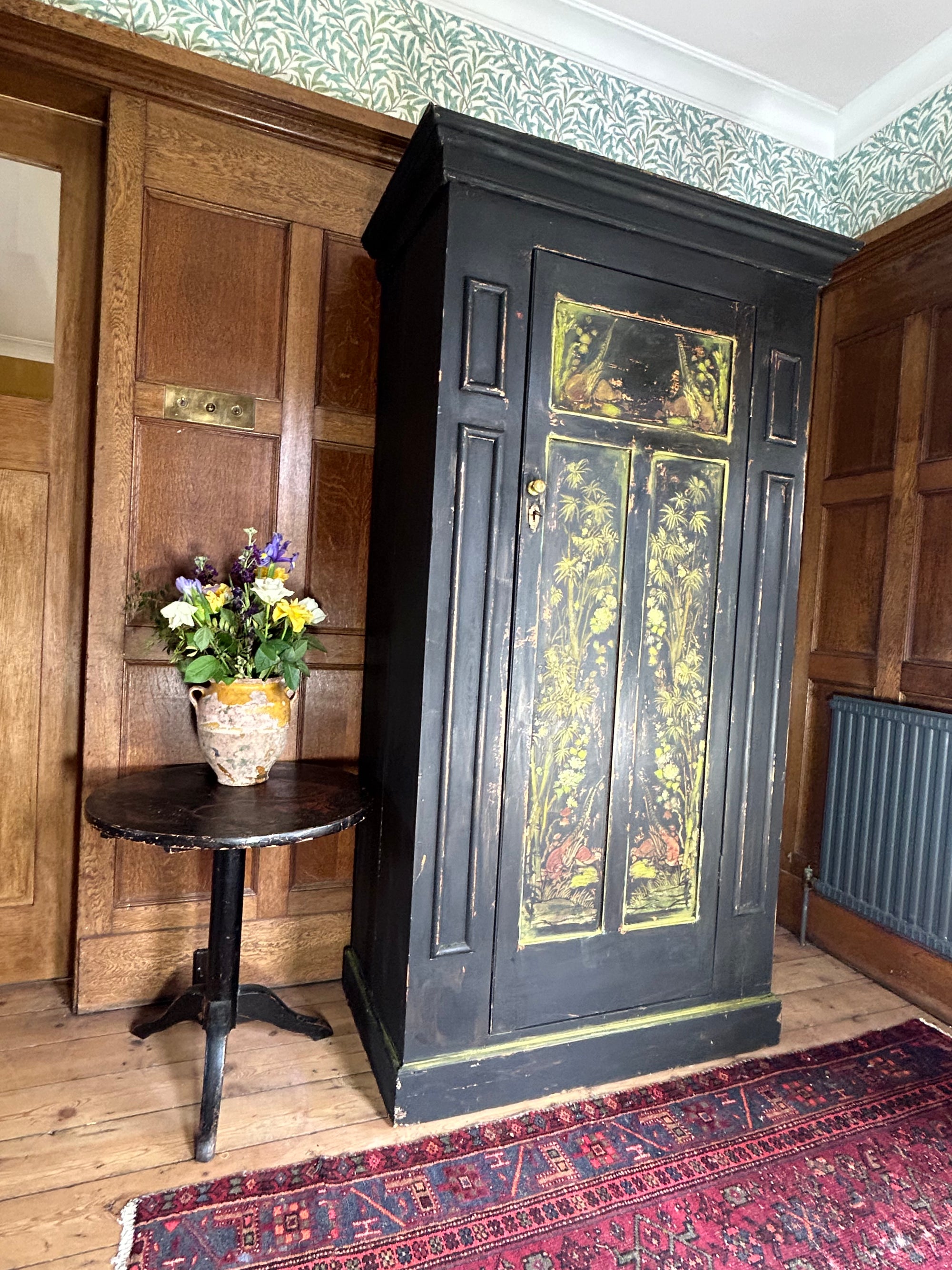 Vintage Painted Hall Cupboard/ Small Wardrobe with Inlaid Chinoiserie