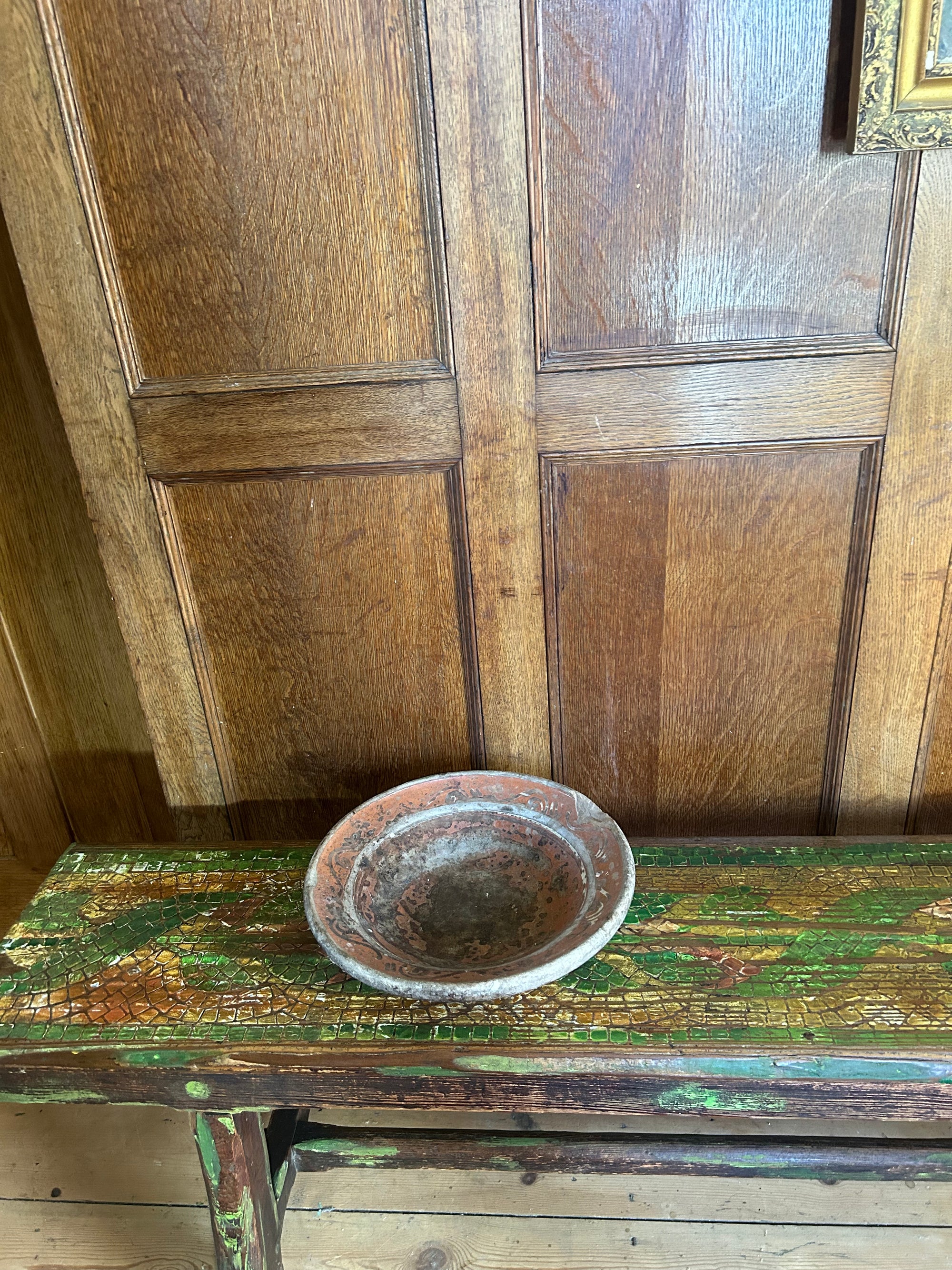 Vintage Painted Oak Bench with Inlaid Design