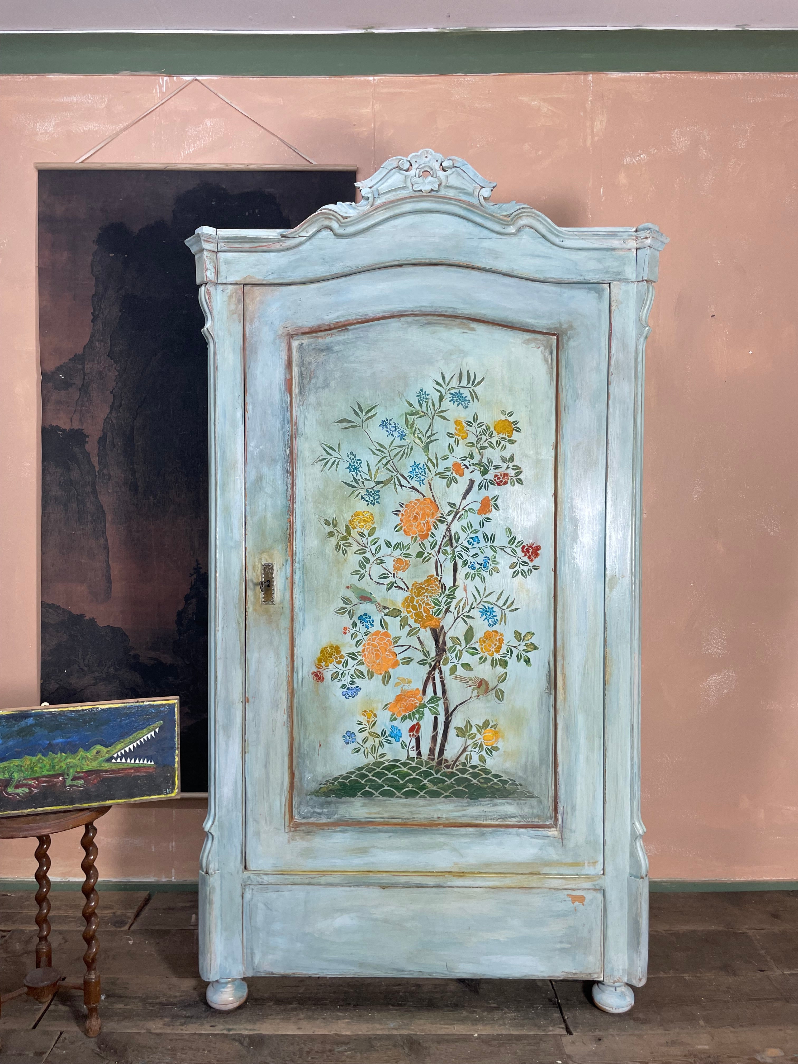 Vintage Painted Pine Wardrobe/ Linen Press with Chinoiserie Panel