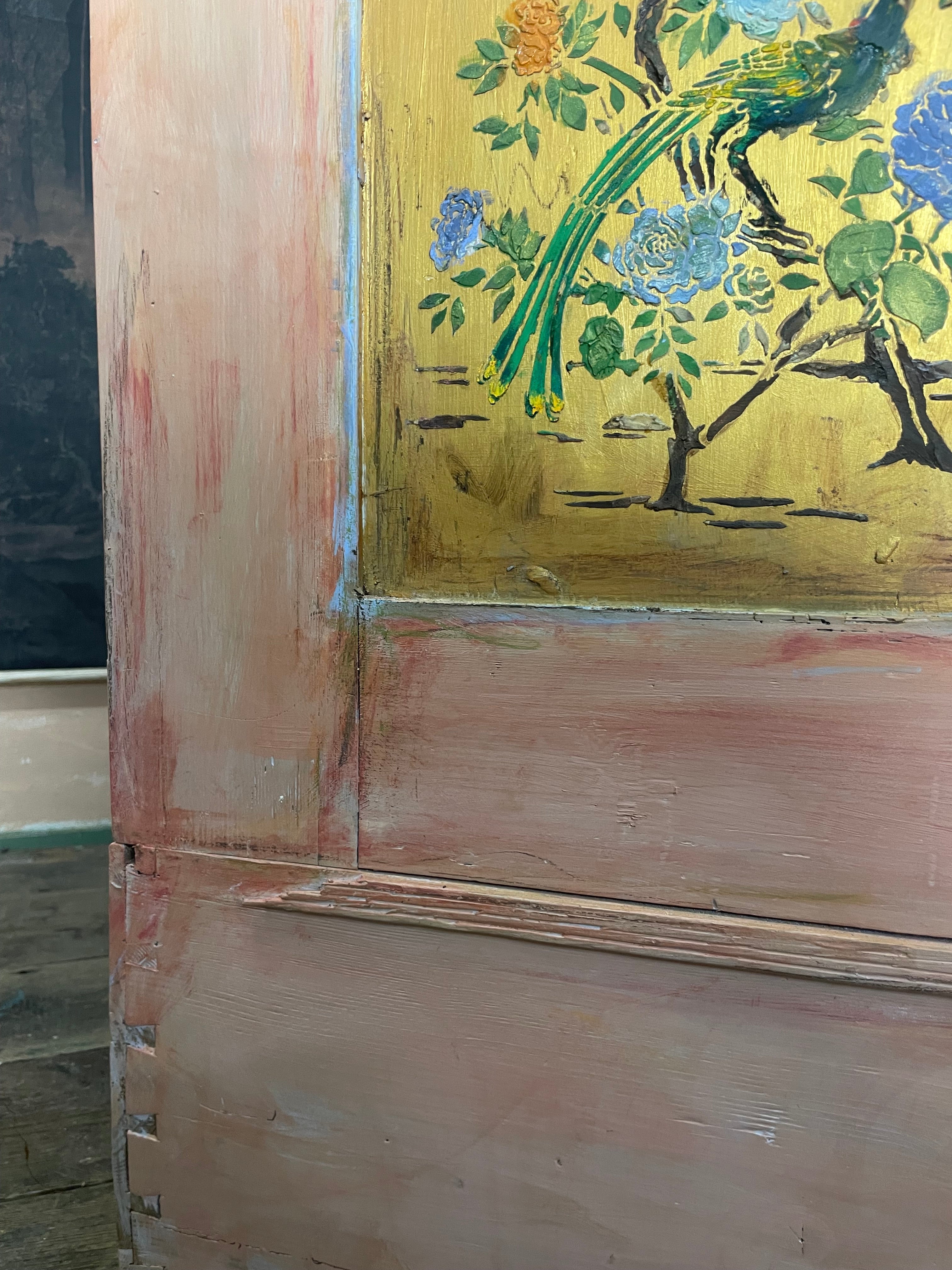 Vintage/ Antique Painted Pine Wardrobe with Inlaid Chinoiserie Panels