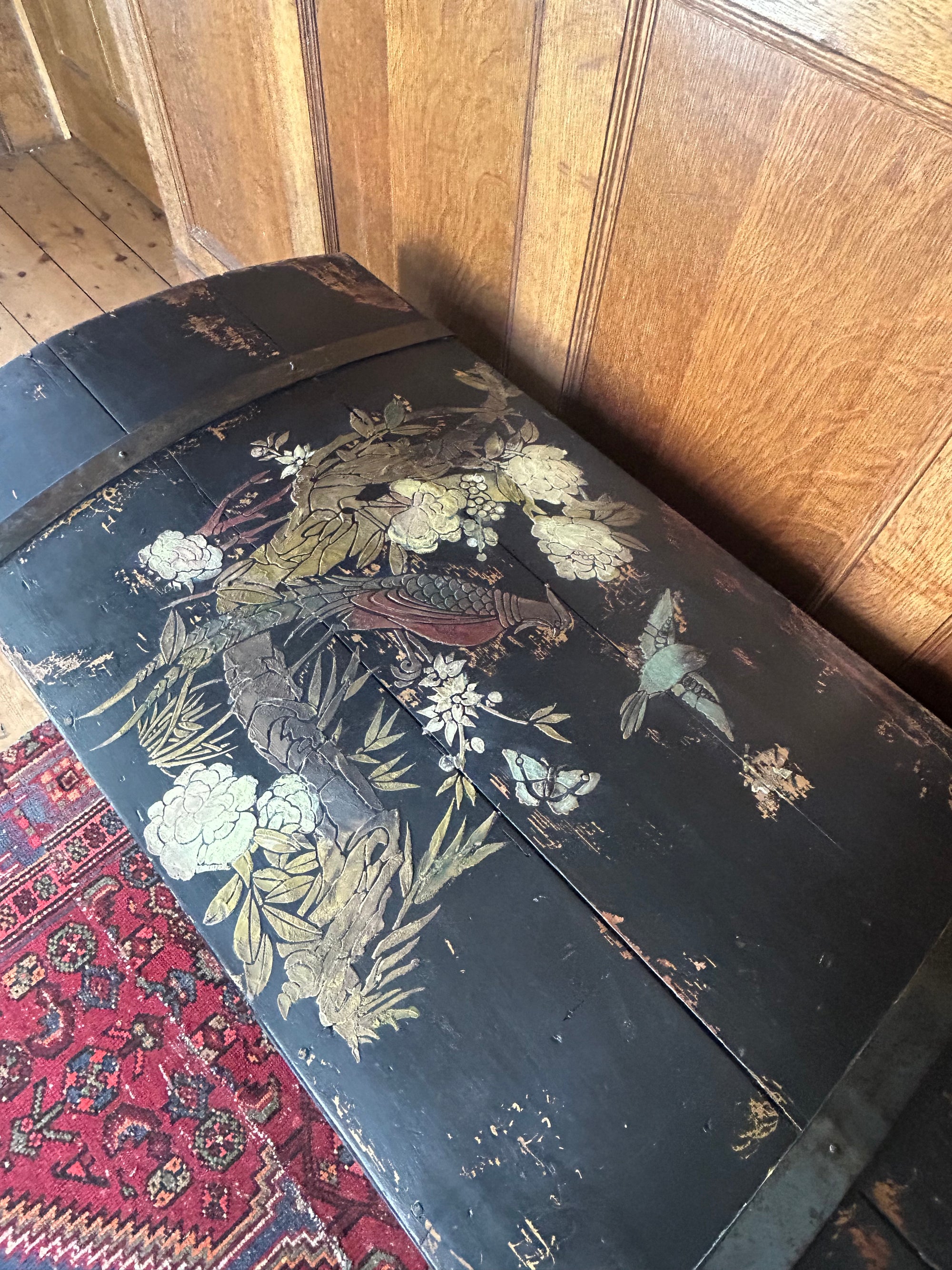 Vintage Painted Pine Blanket Box with Inlaid Chinoiserie