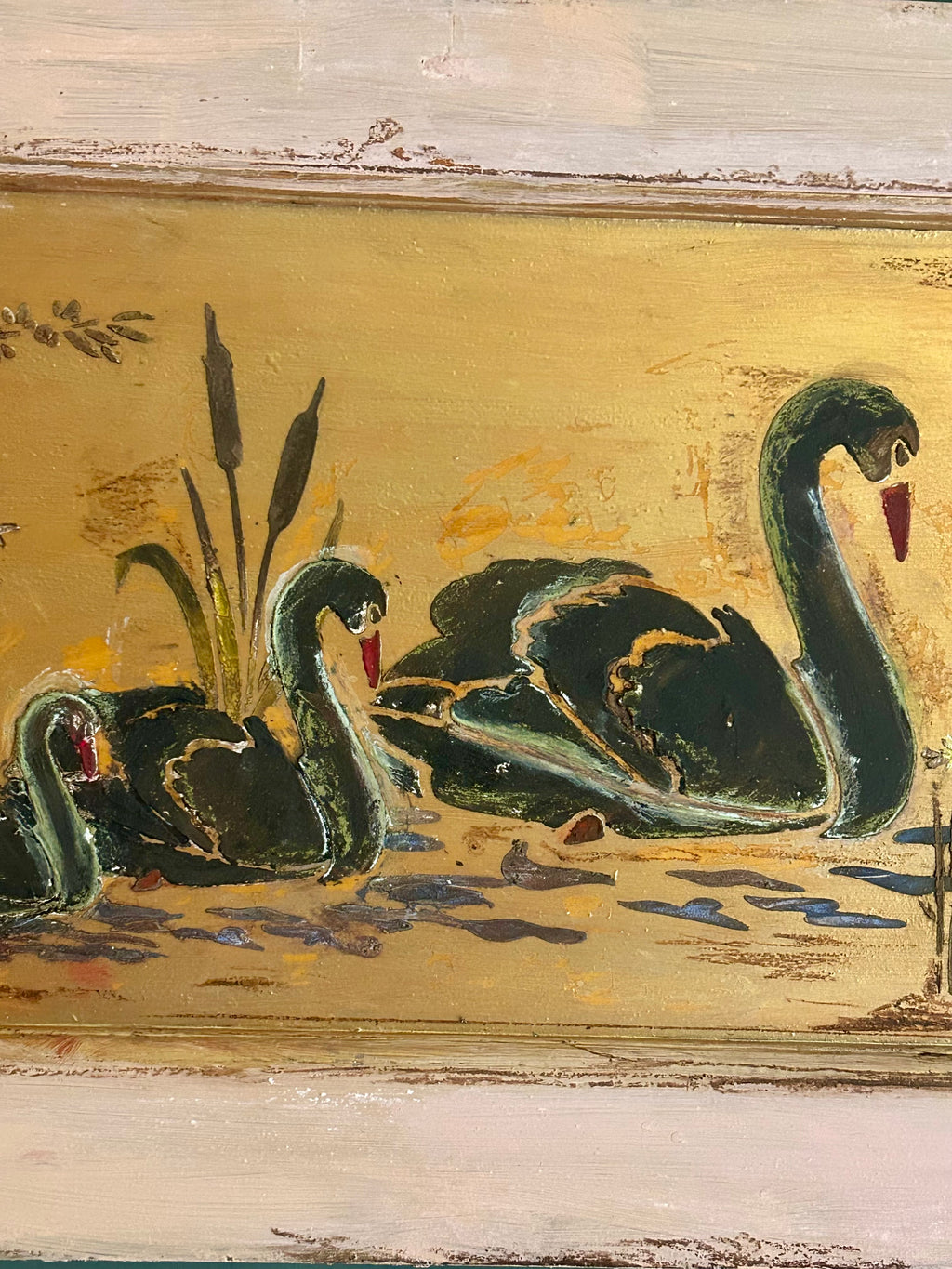 Reclaimed Door Wallhanging with Black Swan Chinoiserie