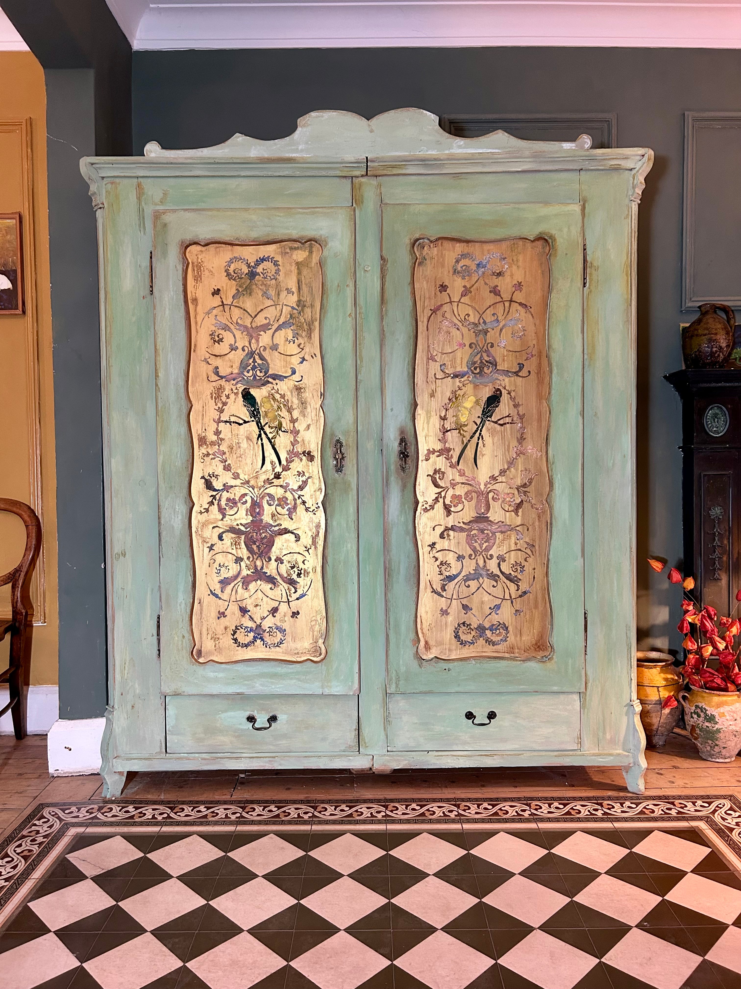 Vintage Painted Pine Wardrobe with Chinoiserie Panels