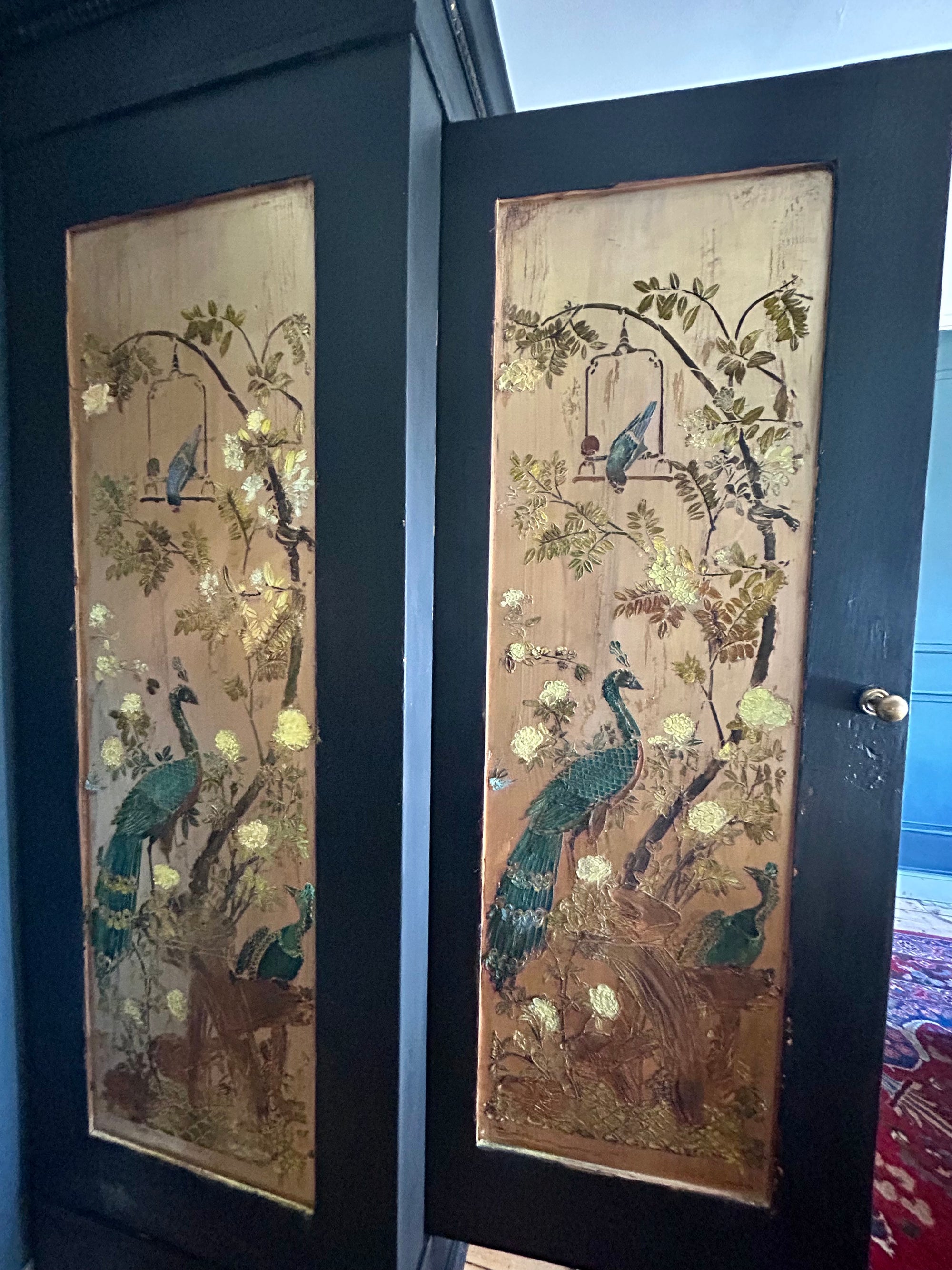 Vintage Painted Pine Double Wardrobe with Inlaid Peacock Chinoiserie