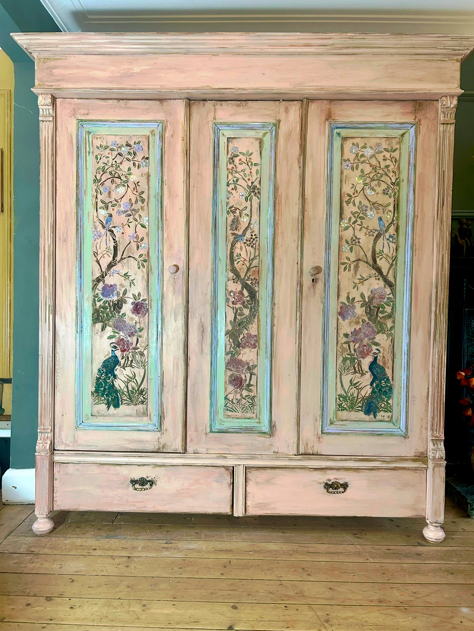 Vintage Painted Pine Large Wardrobe with Chinoiserie Panels