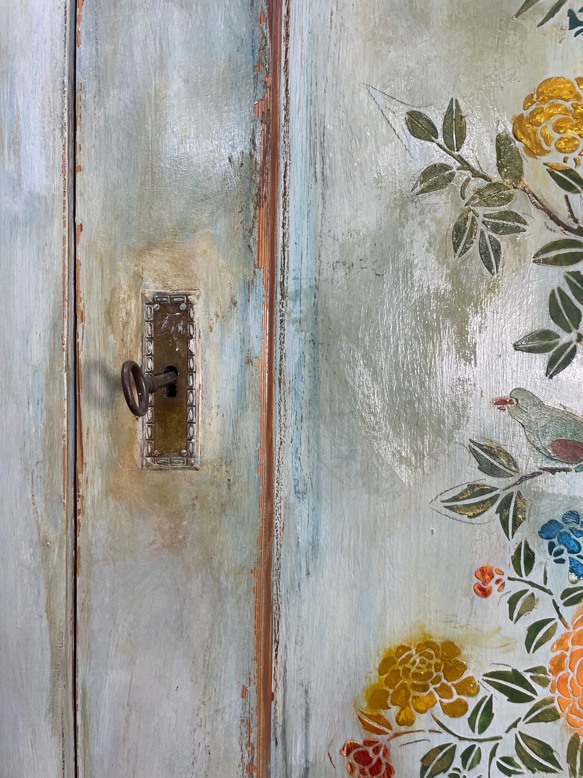 Vintage Painted Pine Wardrobe/ Linen Press with Chinoiserie Panel