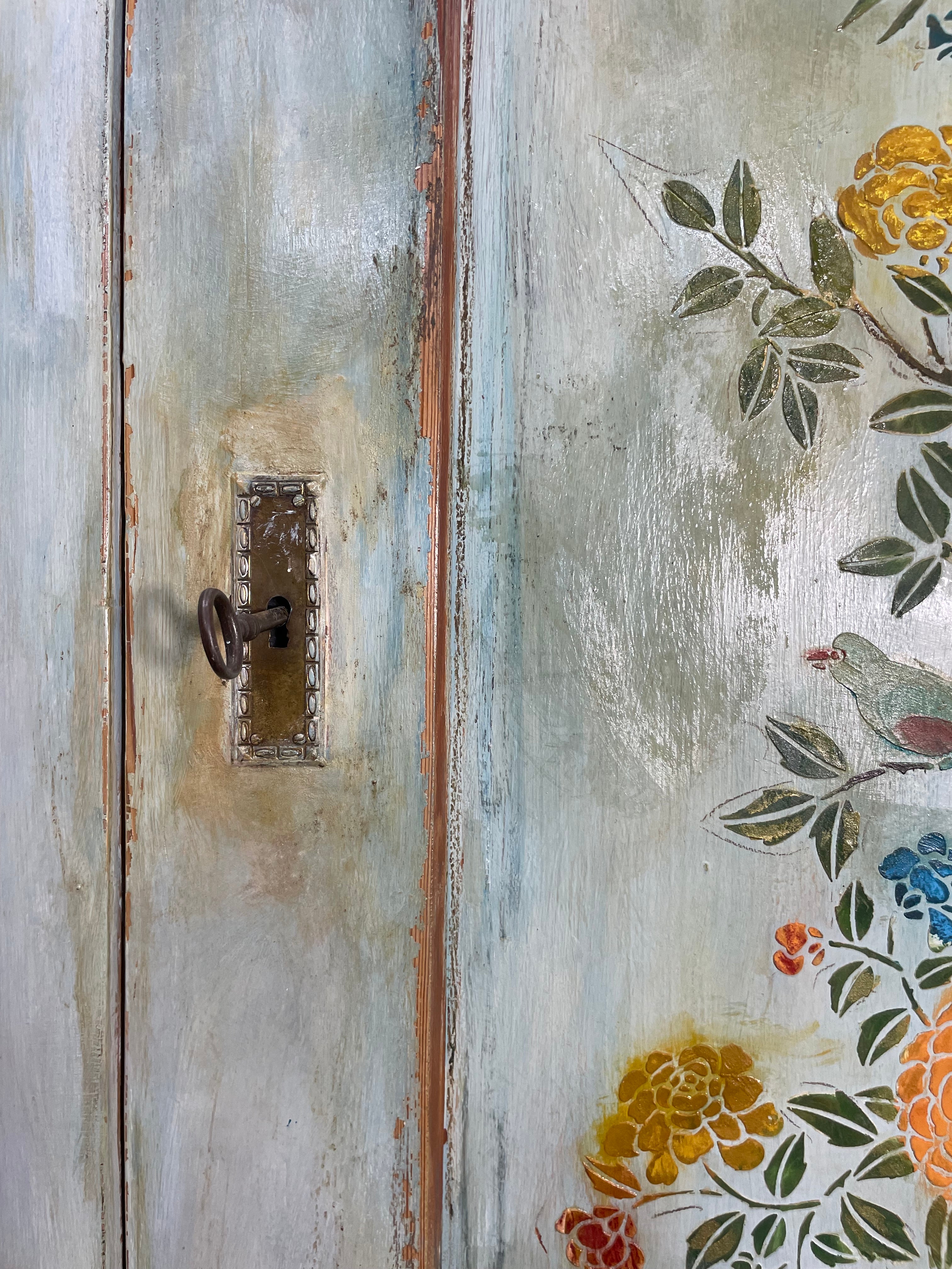 Vintage Painted Pine Wardrobe/ Linen Press with Chinoiserie Panel