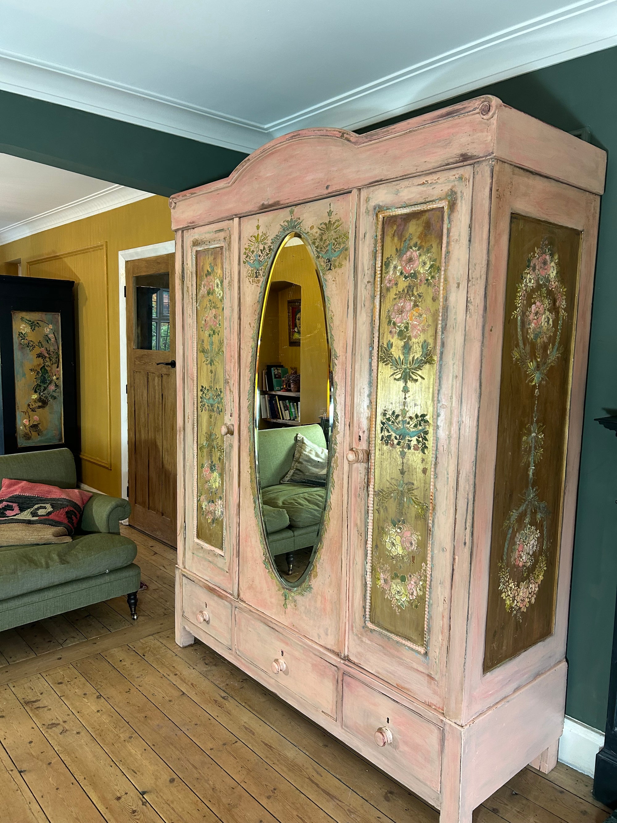 Vintage Painted Pine Triple Wardrobe with Inlaid Chinoiserie