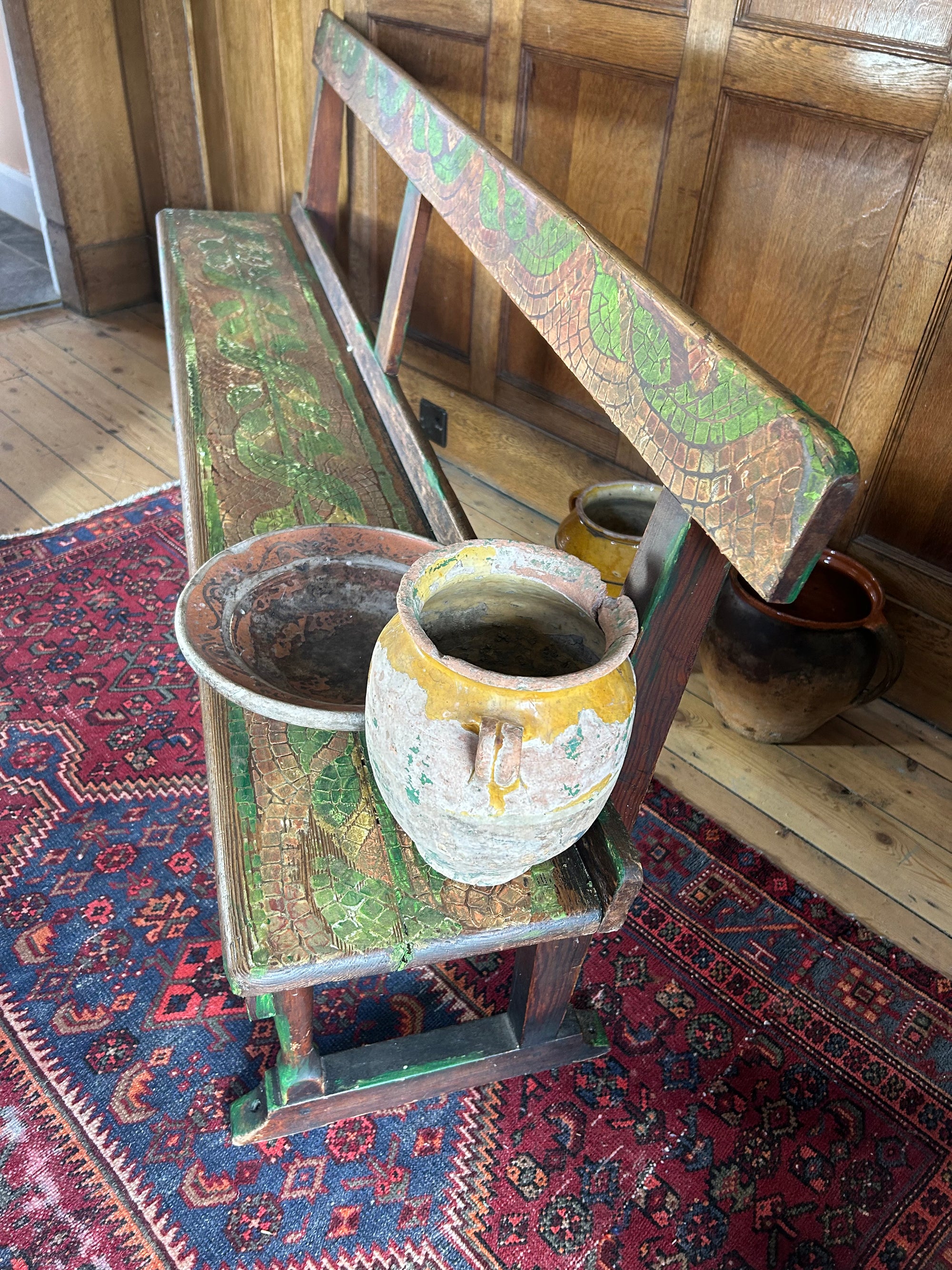 Vintage Painted Oak Bench with Inlaid Design