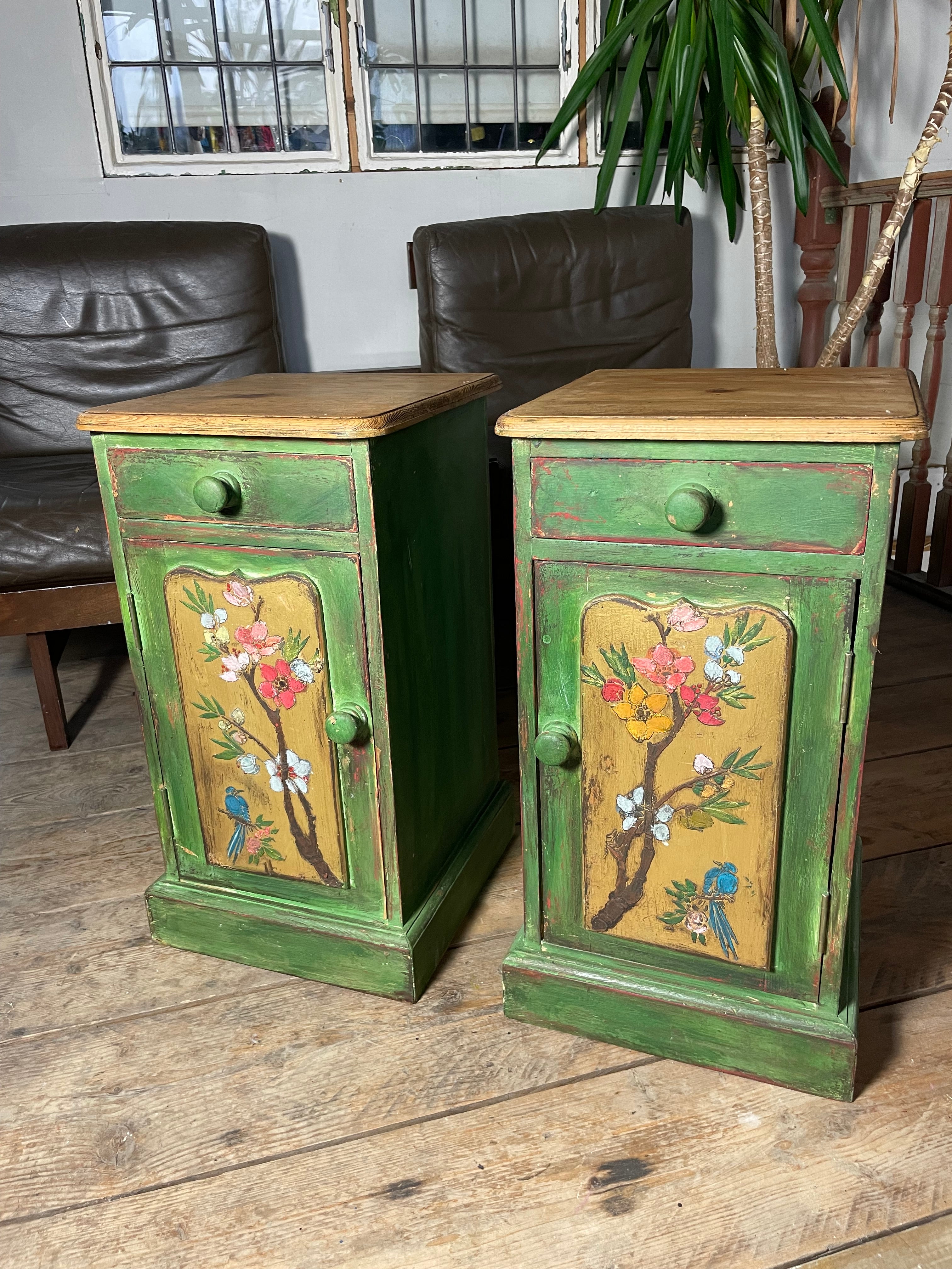 Vintage Painted Pine Bedside Tables with inlaid Chinoiserie