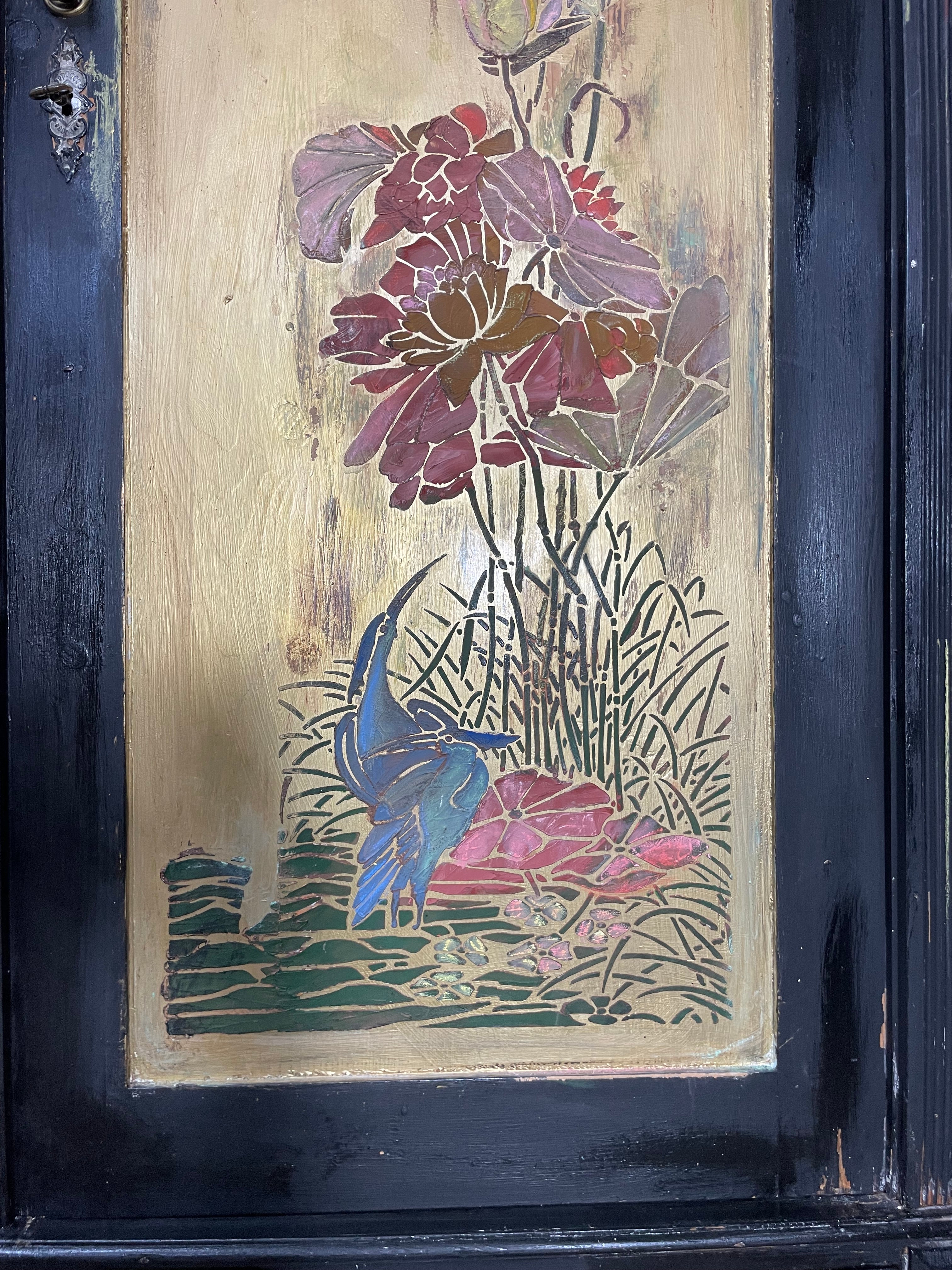 Vintage Painted Pine Knockdown Wardrobe with Inlaid Design