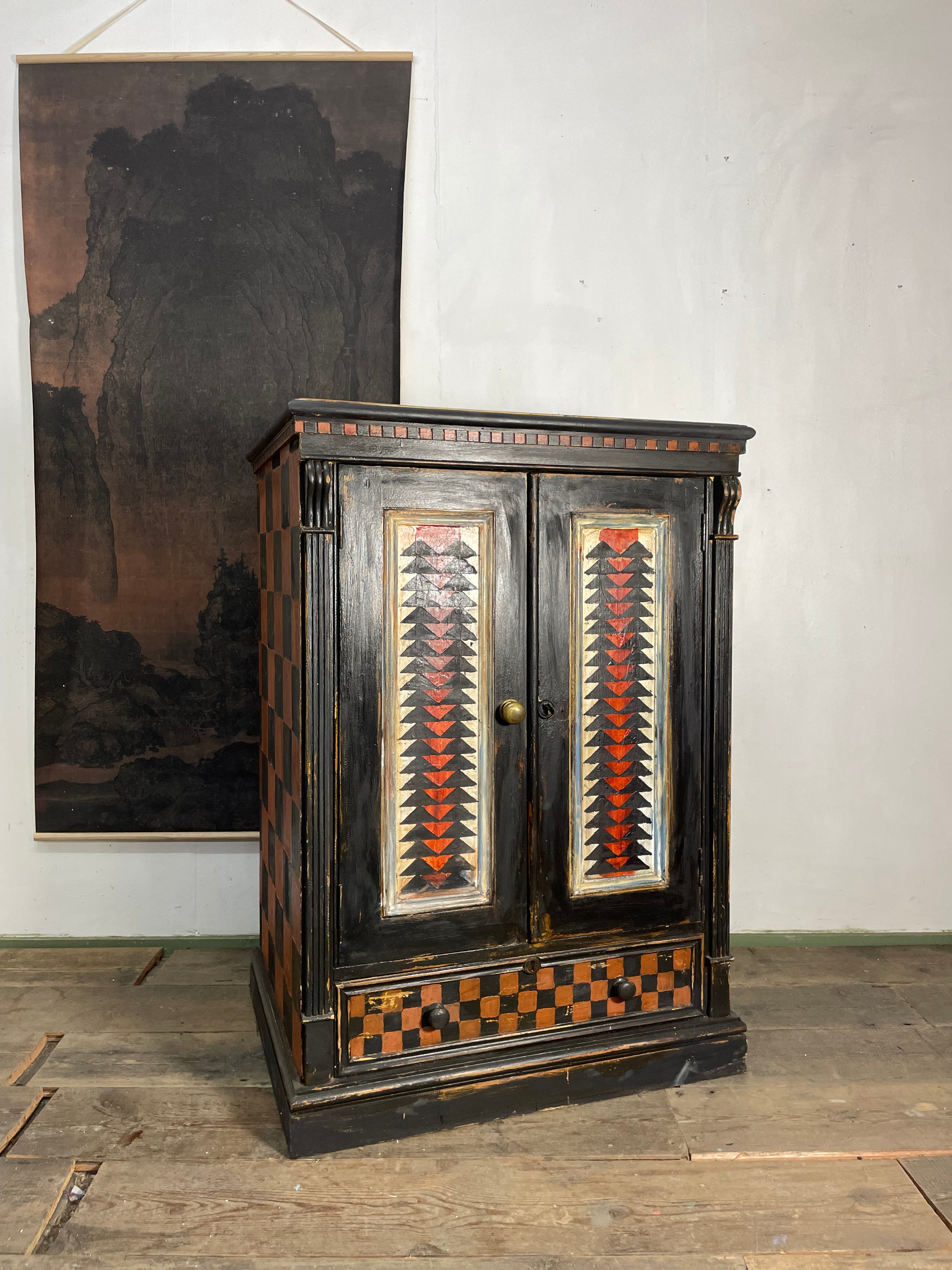 Vintage Painted Pine Folk Art Cupboard