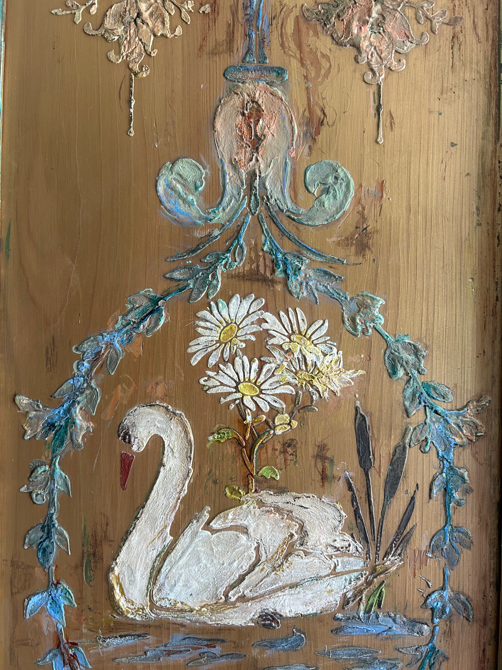 Vintage Painted Pine Wardrobe with Inlaid Swan Chinoiserie