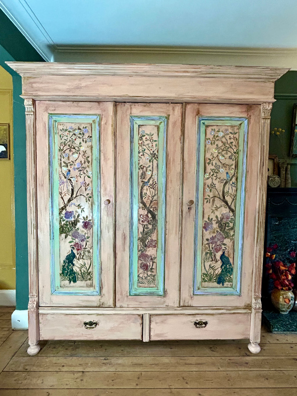 Vintage Painted Pine Large Wardrobe with Chinoiserie Panels