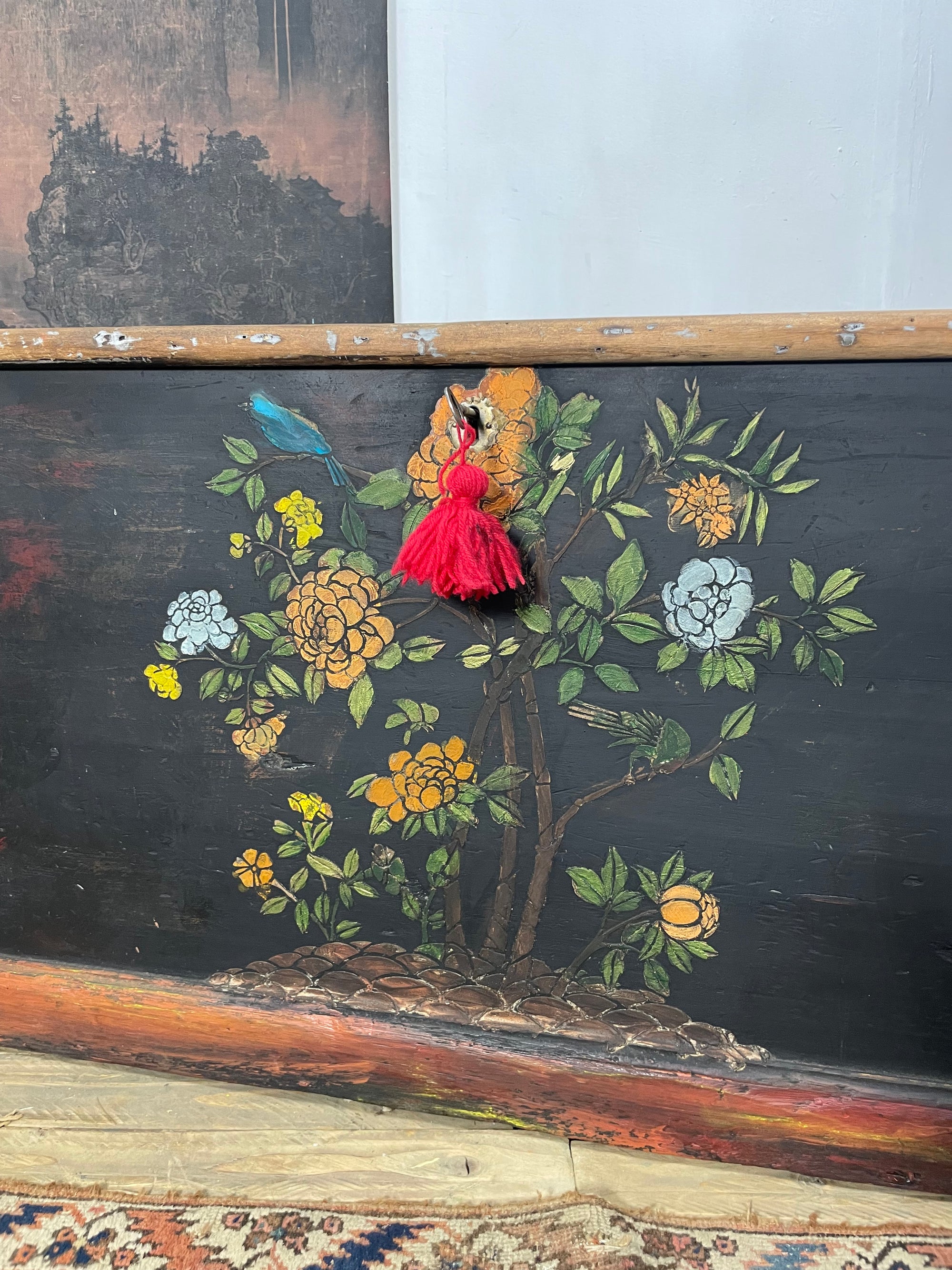 Vintage Painted Pine Blanket Box with Bird Chinoiserie