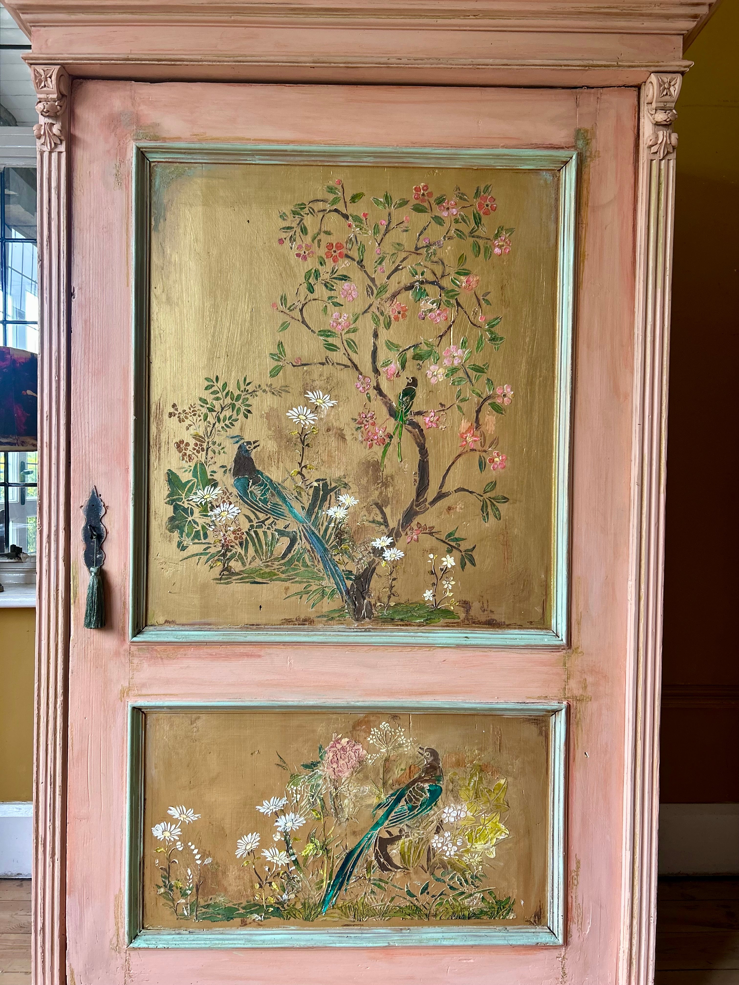 Vintage Painted Pine Armoire/Linen Press with Inlaid Chinoiserie