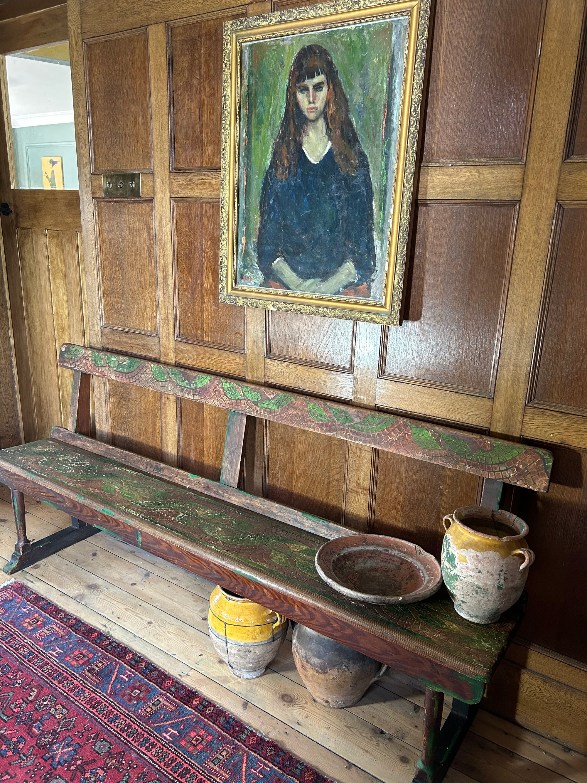 Vintage Painted Oak Bench with Inlaid Design