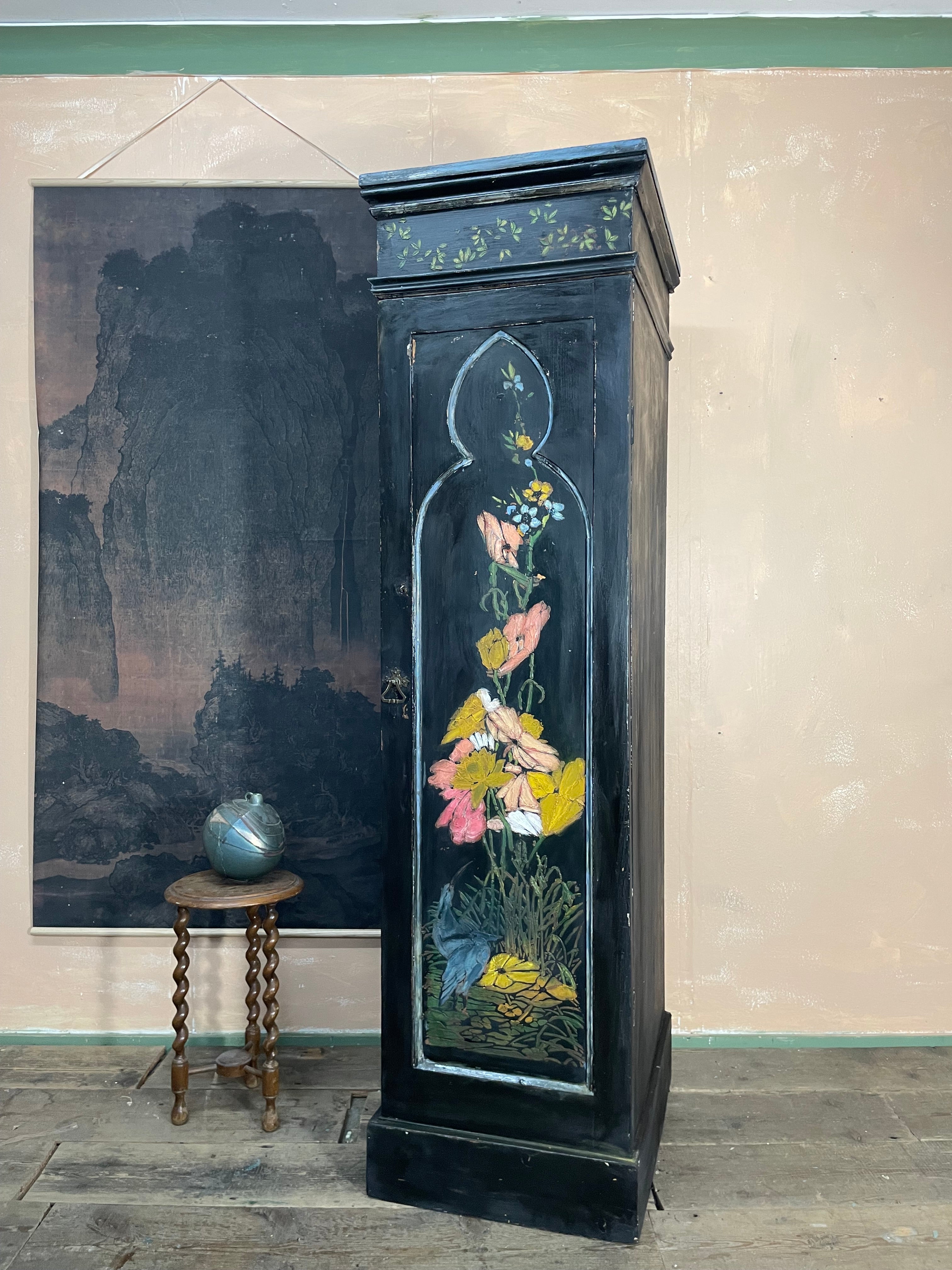 Vintage Painted Pine Cupboard with Chinoiserie Design