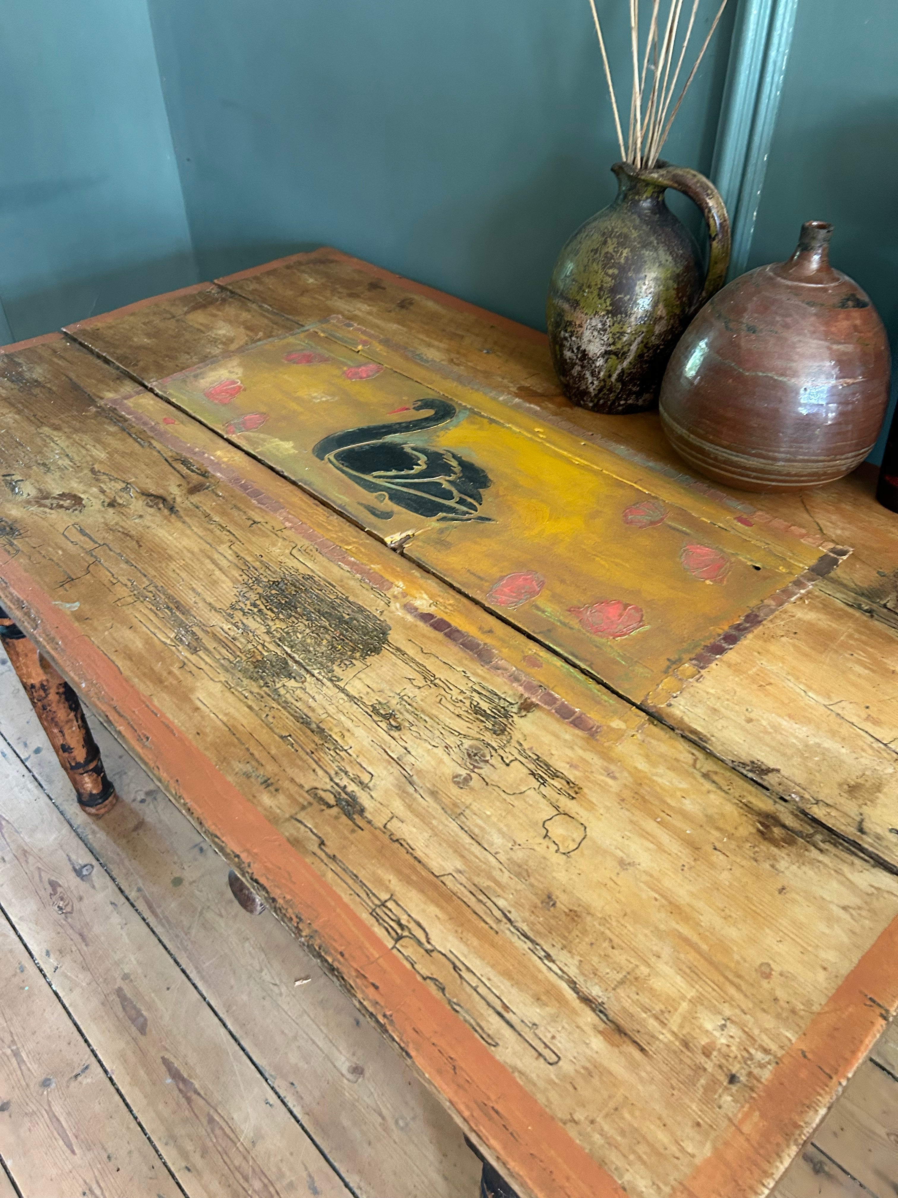 Vintage Pine console Table with Folk Art Sean Design