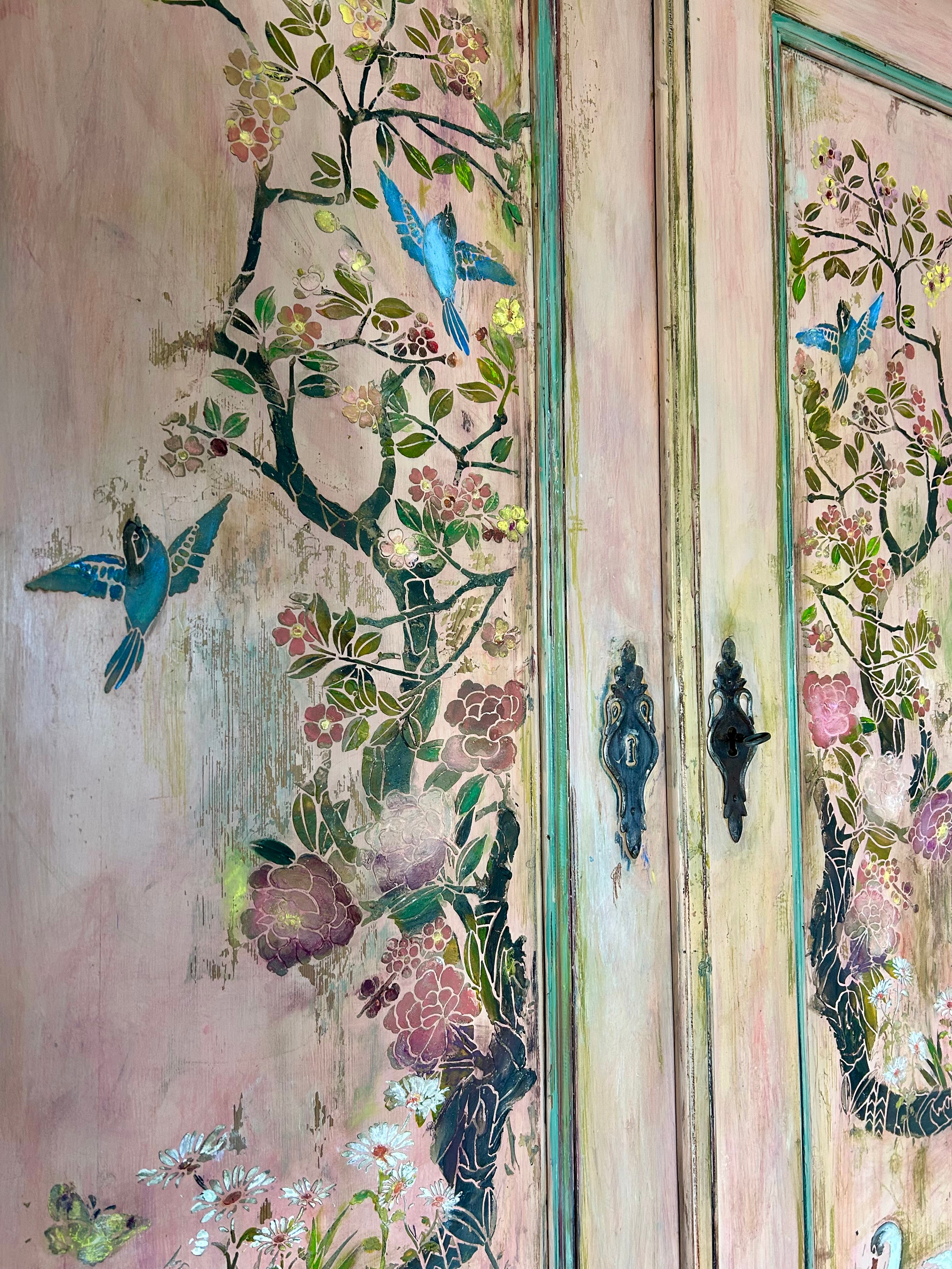 Vintage Painted French Wardrobe with Chinoiserie Panels