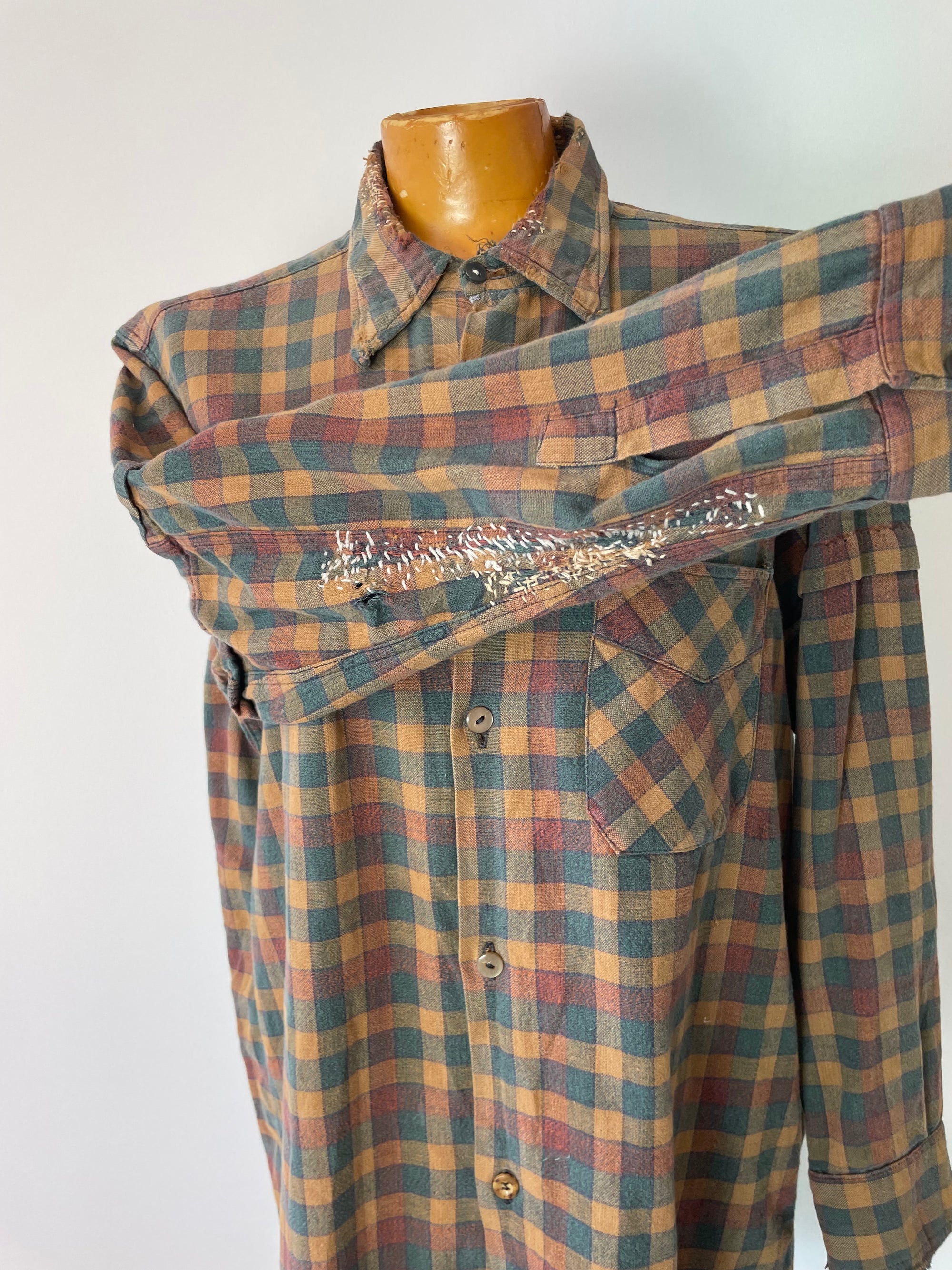 Vintage French Plaid Darned Shirt