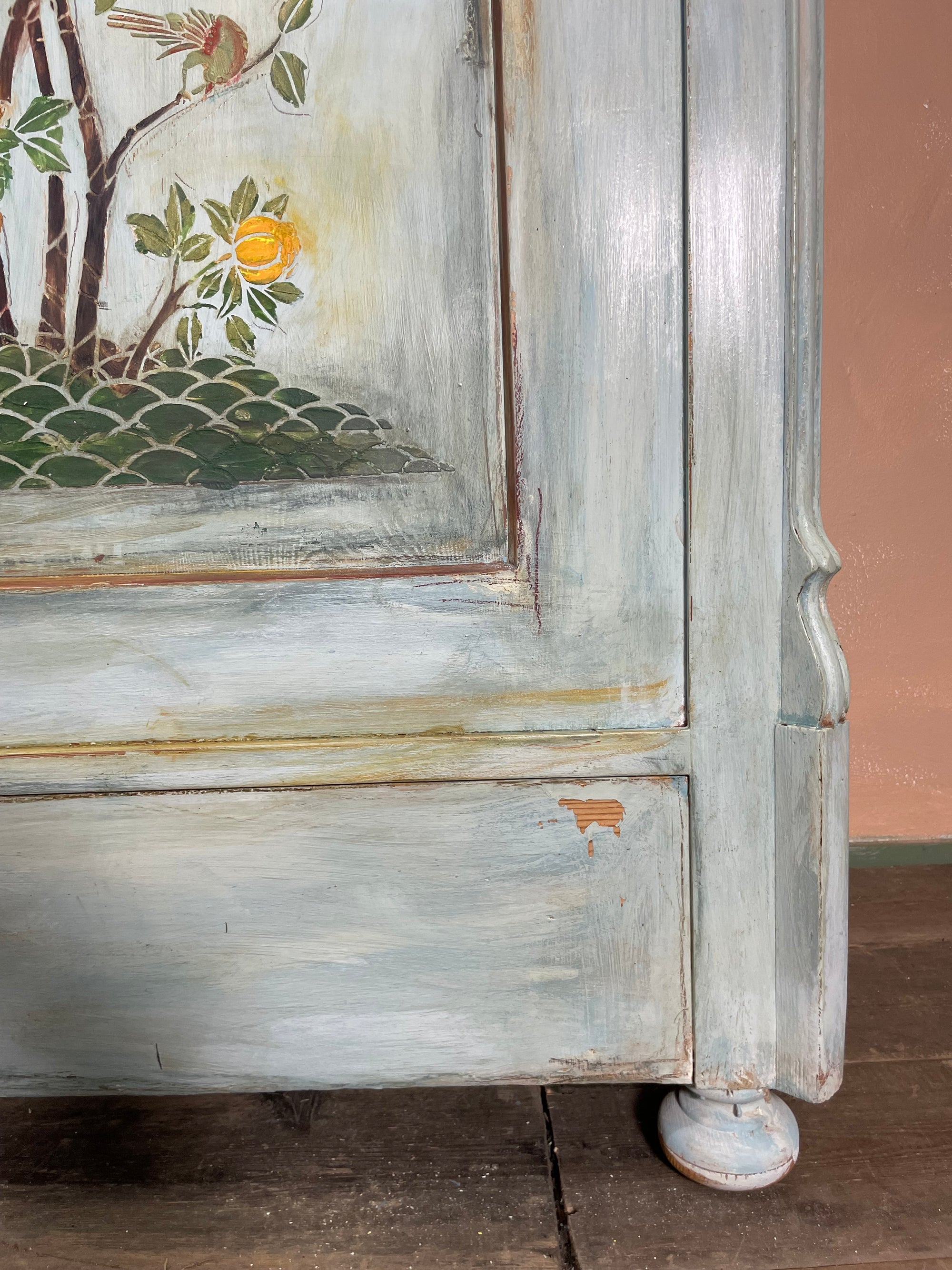 Vintage Painted Pine Wardrobe/ Linen Press with Chinoiserie Panel